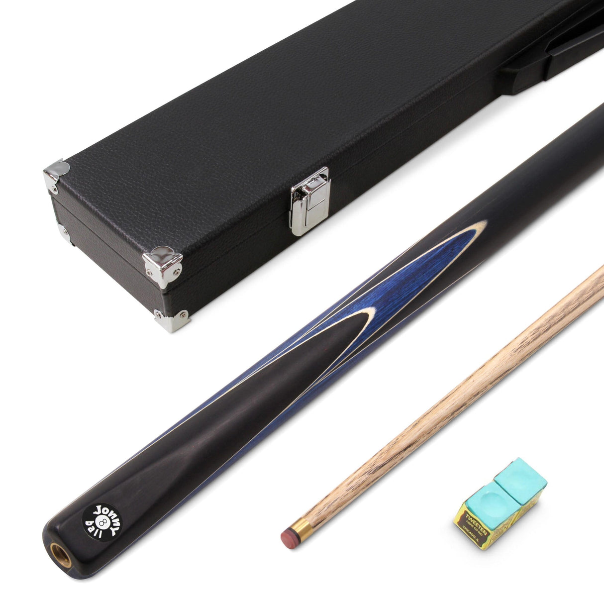 Jonny 8 Ball 2 Piece BLUE SNIPER Pool Cue and Case Set with Jonny 8 Ball Black Reinforced Case + 2 Chalks
