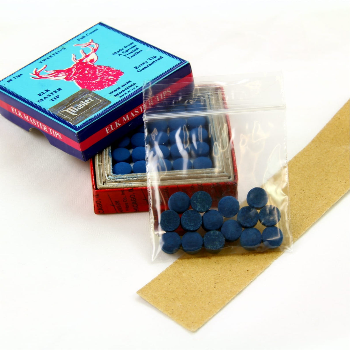 15 X 8mm Tweeten ELK MASTER Leather Snooker Pool Cue Tips - FREE Sandpaper