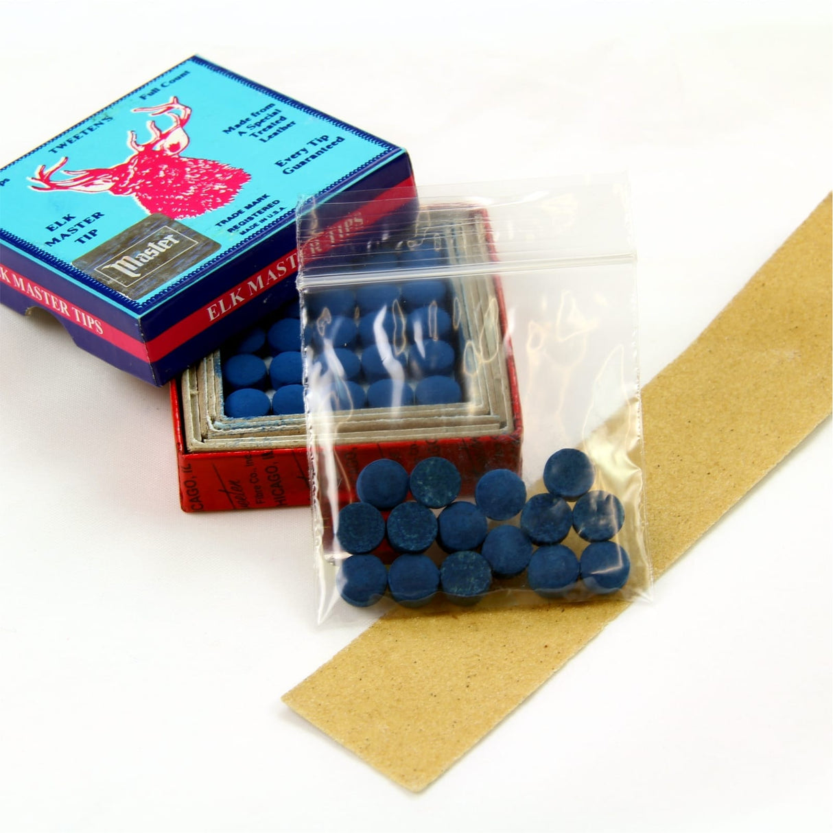 15 X 10mm Tweeten ELK MASTER Leather Snooker Pool Cue Tips - FREE Sandpaper
