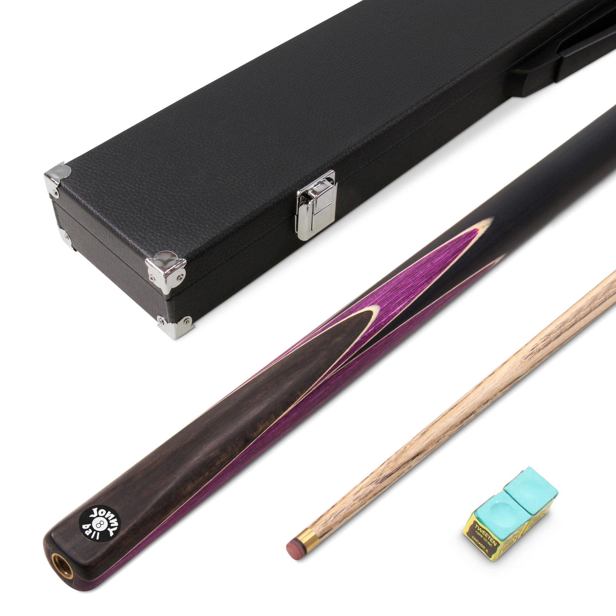 Jonny 8 Ball 2 Piece PURPLE SNIPER Pool Cue and Case Set with Jonny 8 Ball Black Reinforced Case + 2 Chalks