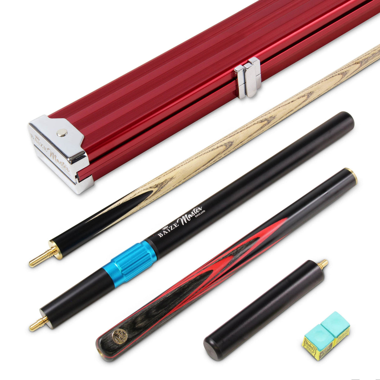 Baize Master G14 RED EMPEROR 3/4 Cue Set 9.5mm Tip With Baize Master 3/4 Red Pro-Line Case, Long Telescopic Extension, Mini Butt and 2 Chalks