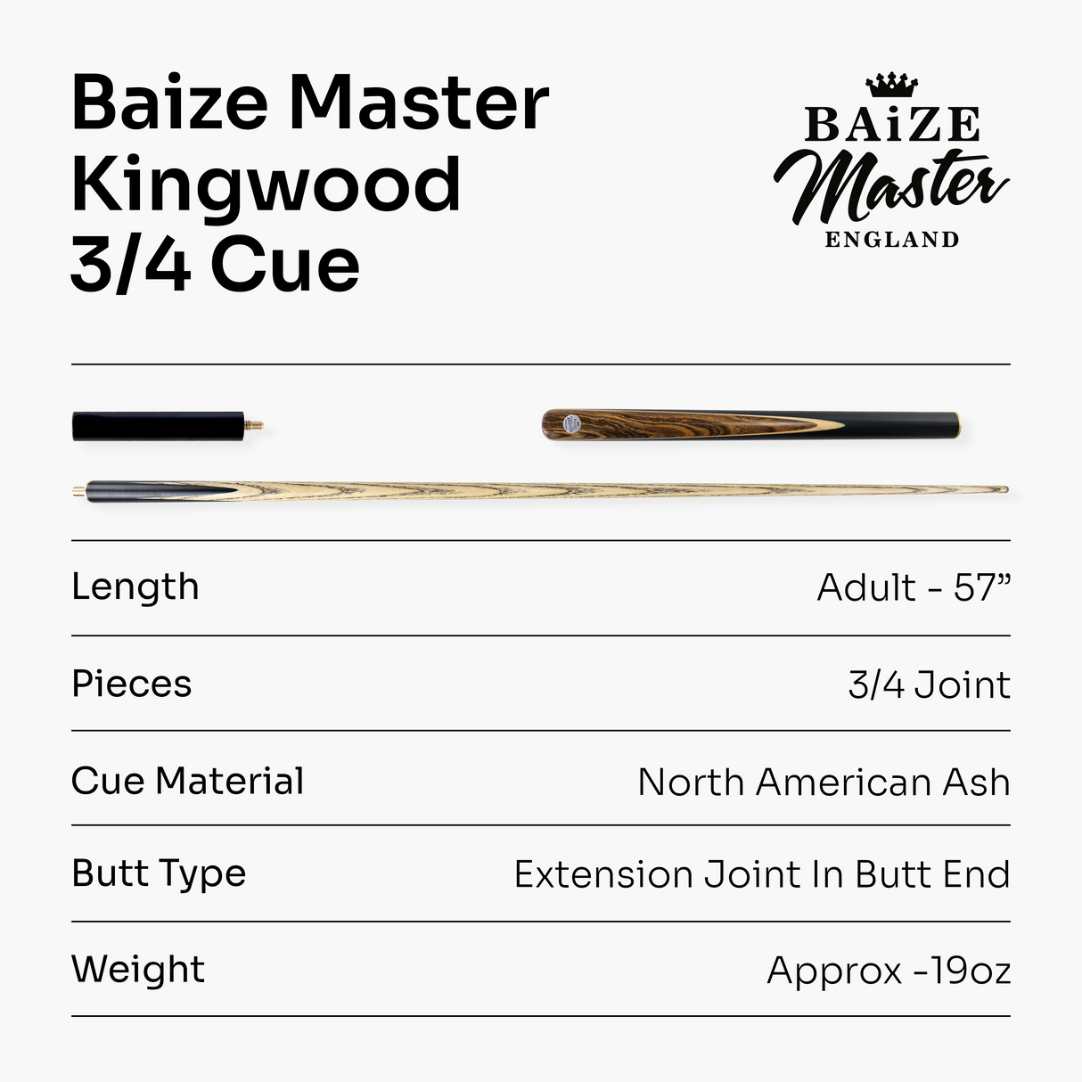 Baize Master Kingswood 57 Inch ¾ Joint Professional Ash Snooker Pool Cue with 9.5mm Pro-Impact Medium Tip