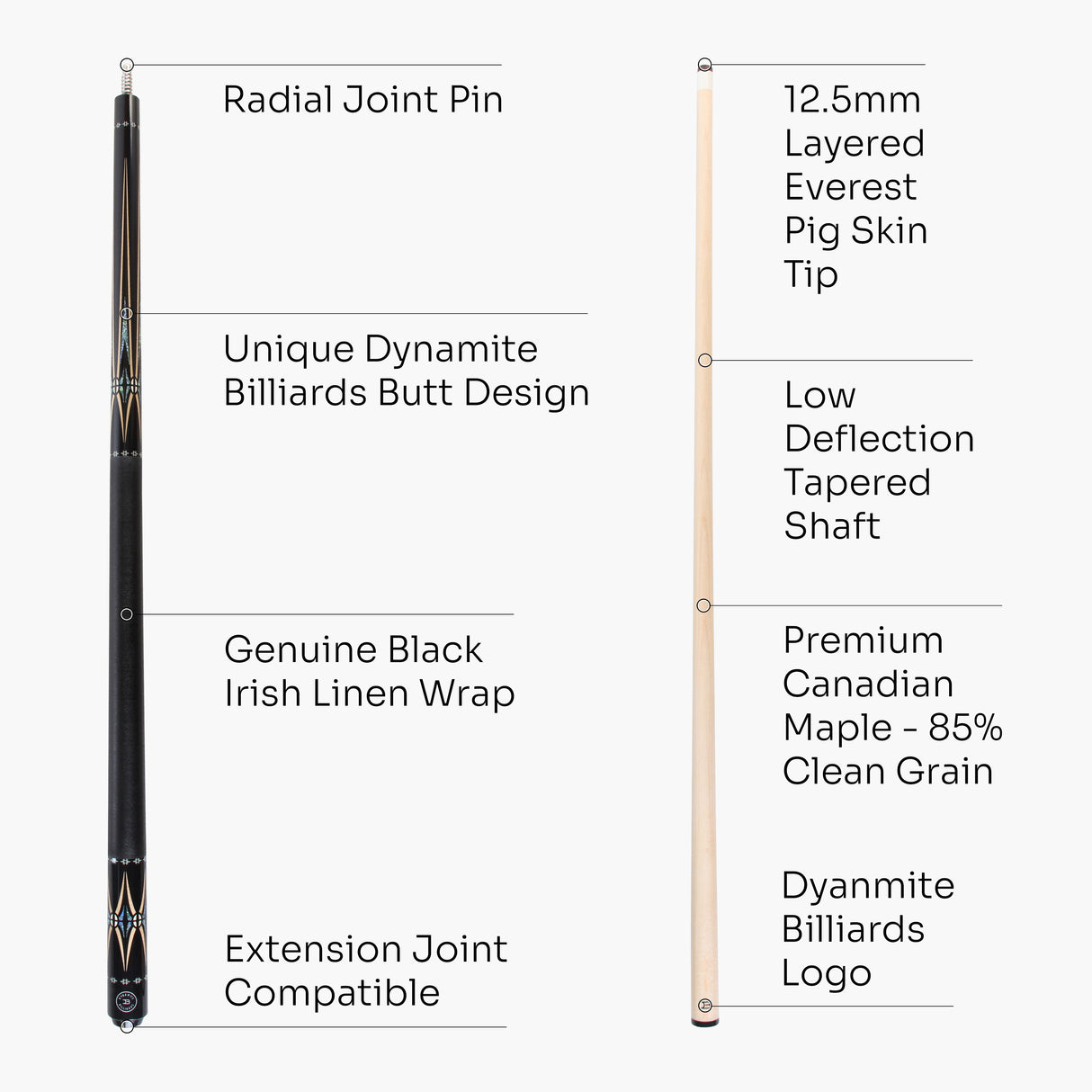Dynamite Billiards DB1 American Maple Pool Cue – 12.5mm Tip – Designed by Darren Appleton