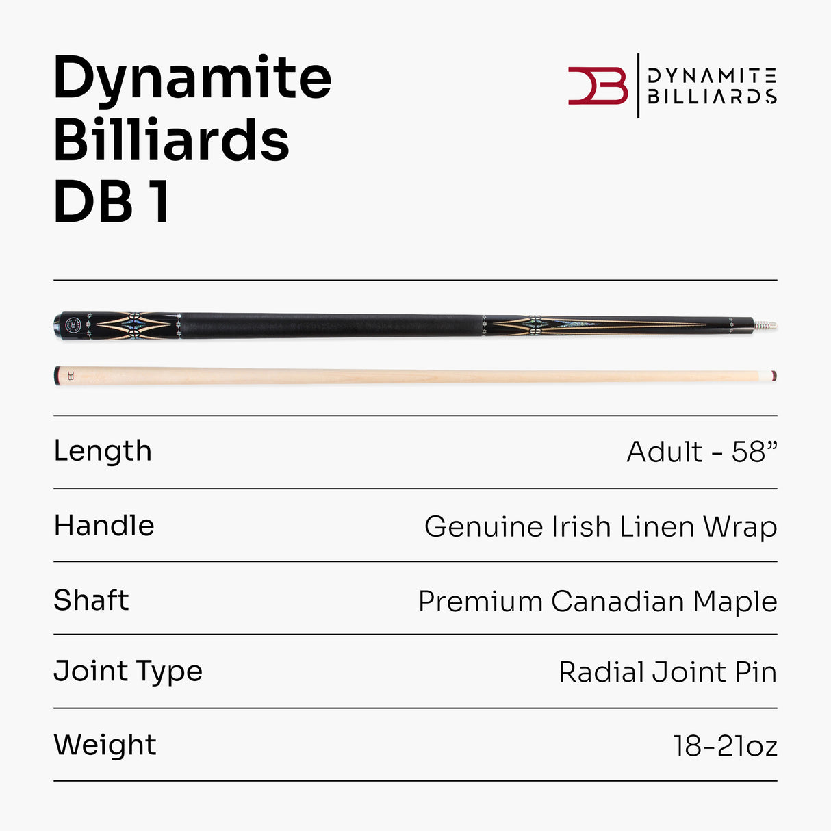 Dynamite Billiards DB1 American Maple Pool Cue – 12.5mm Tip – Designed by Darren Appleton