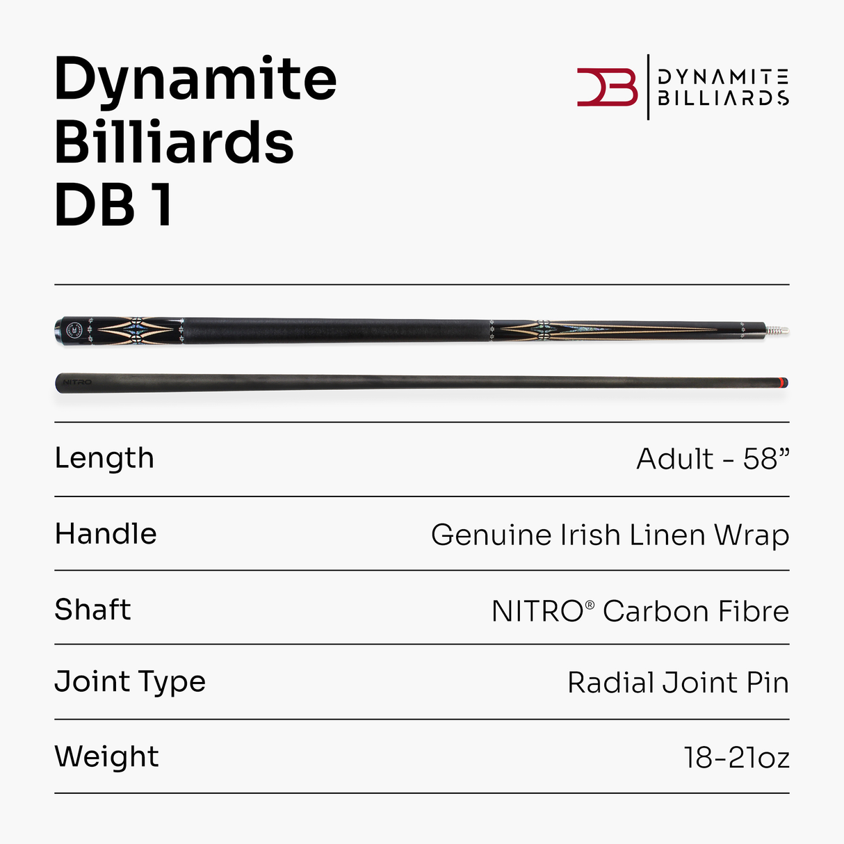 Dynamite Billiards DB1 Nitro Carbon Fiber American Pool Cue – 11.9mm HOW Black Tip – Designed by Darren Appleton