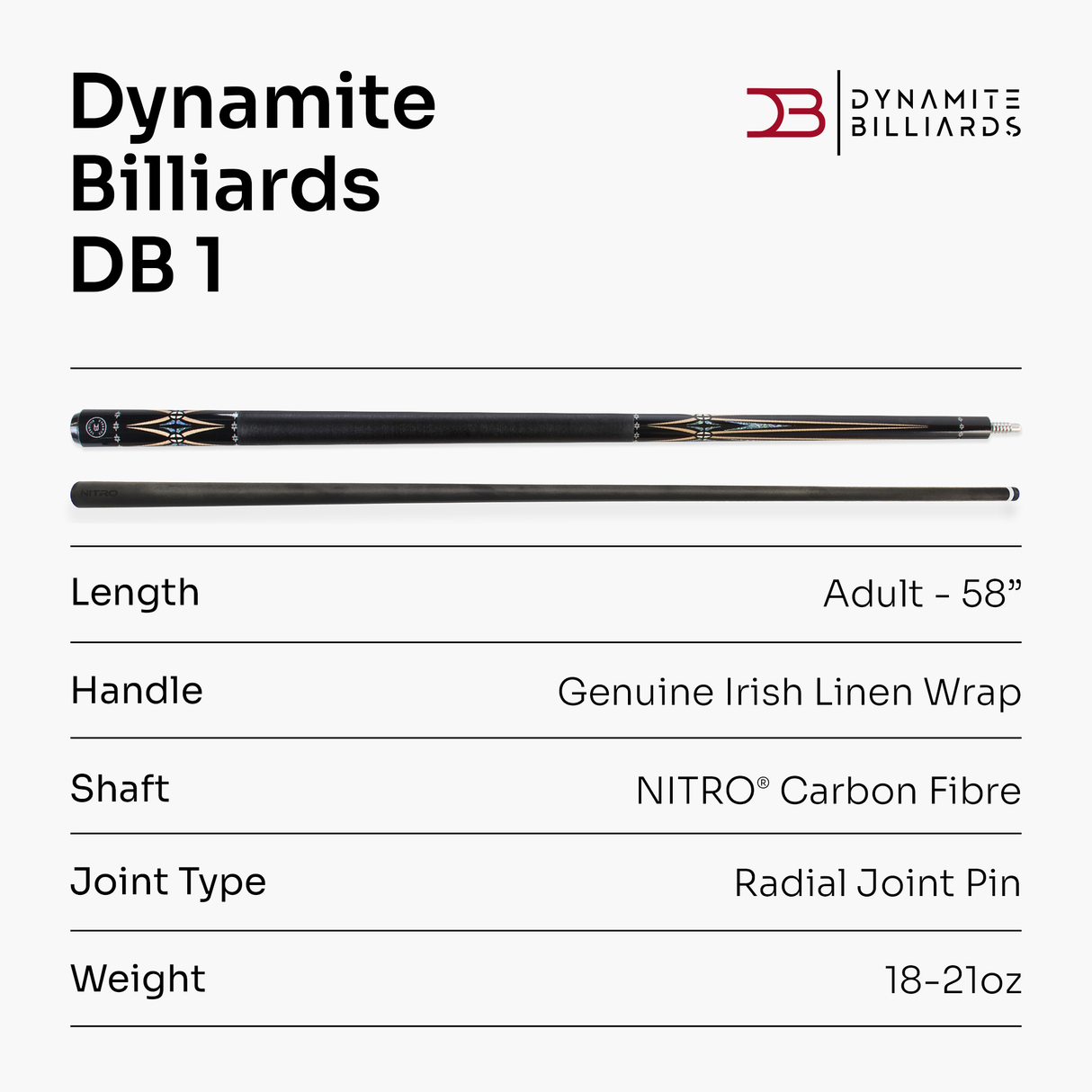 Dynamite Billiards DB1 Nitro Carbon Fiber American Pool Cue – 11.9mm HOW Black Tip – Designed by Darren Appleton