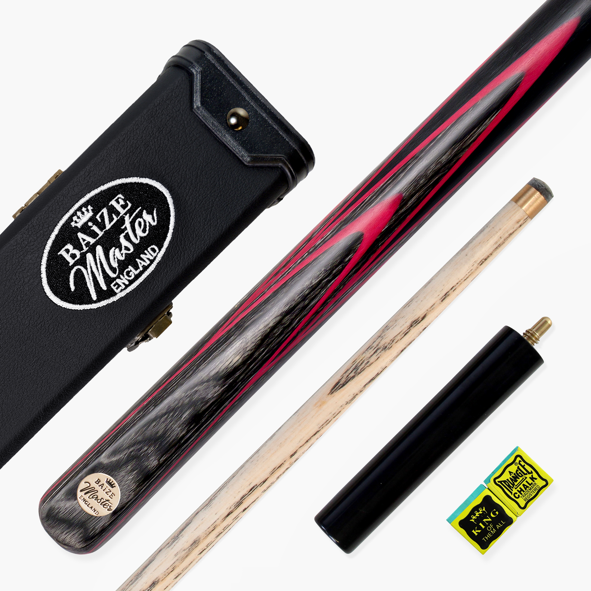 Baize Master Gold Series RED EMPEROR 8-BALL POOL CUE SET with 57 Inch Hand Spliced 3/4 Joint Cue 8.5mm Tip, Deluxe Black Interior Hard Case and 2 x Chalk