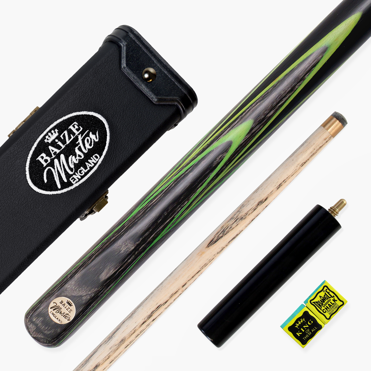 Baize Master Gold Series GREEN EMPEROR 8-BALL POOL CUE SET with 57 Inch Hand Spliced 3/4 Joint Cue 8mm Tip, Deluxe Black Interior Hard Case and 2 x Chalk