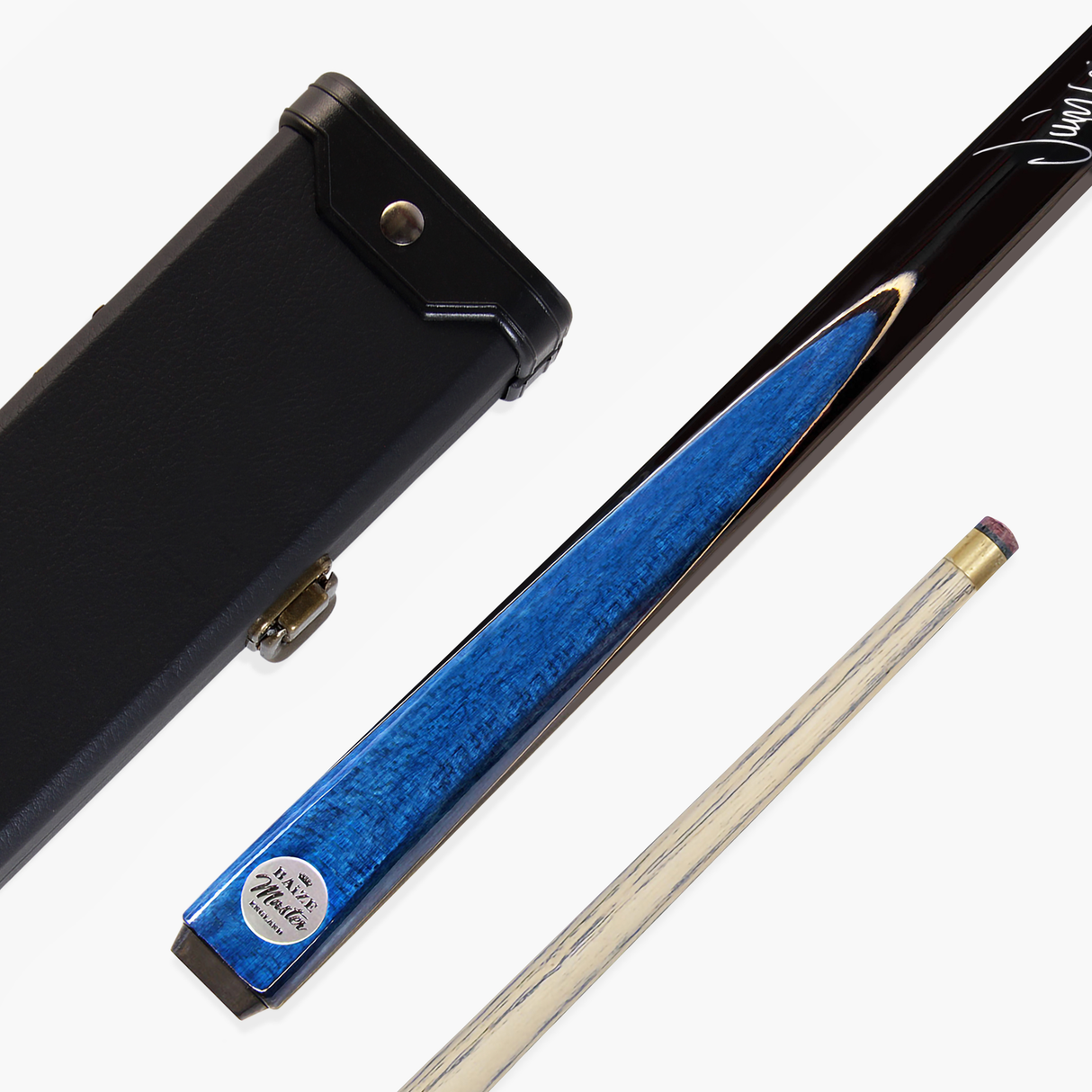 Baize Master Jimmy White Signature Blue Conquest 57 Inch 2 Piece Snooker Pool Cue and Case Set with 2 Piece Black White Interior Case - 9.5mm Tip