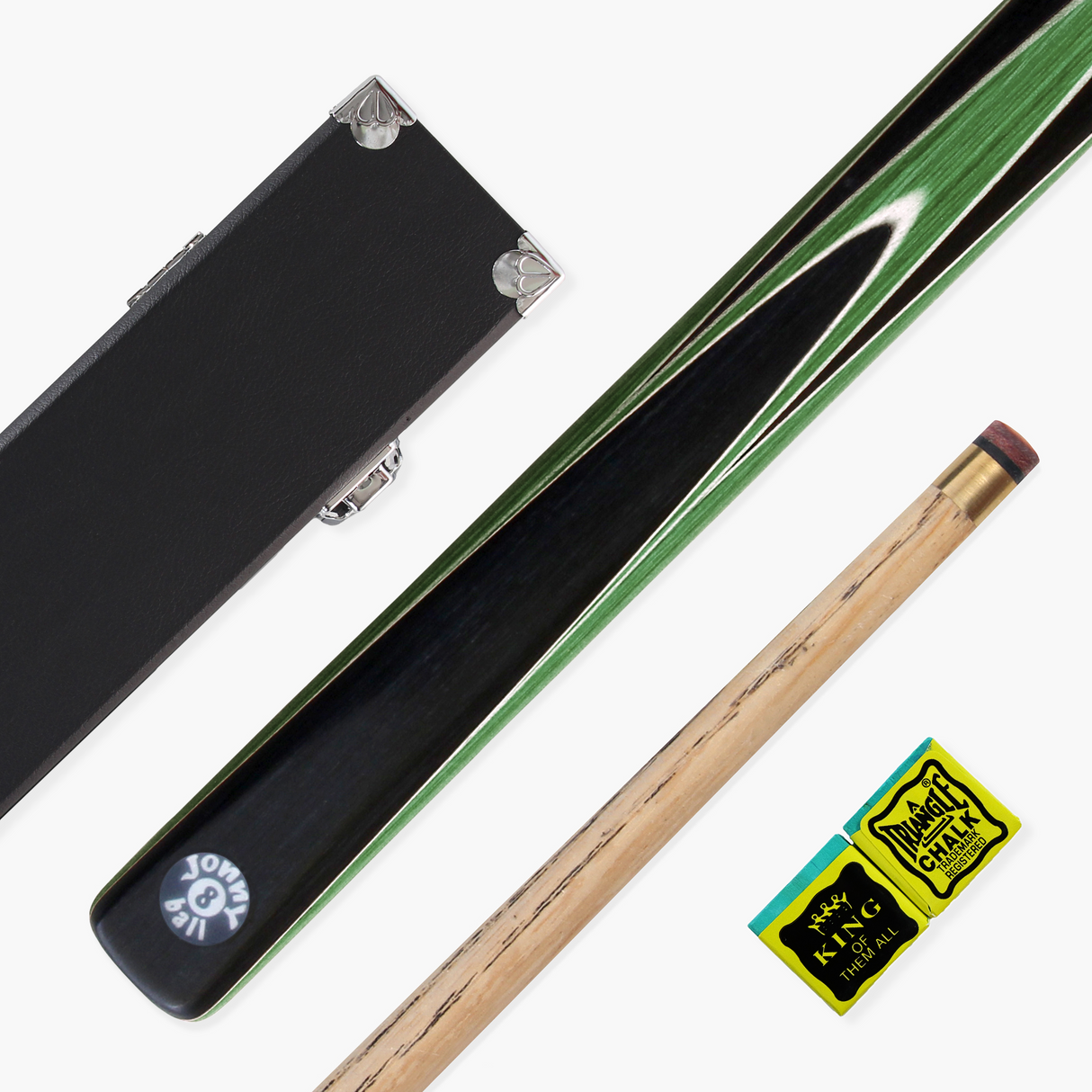 Jonny 8 Ball 2 Piece GREEN SNIPER Pool Cue and Case Set with Jonny 8 Ball Black Reinforced Case + 2 Chalks
