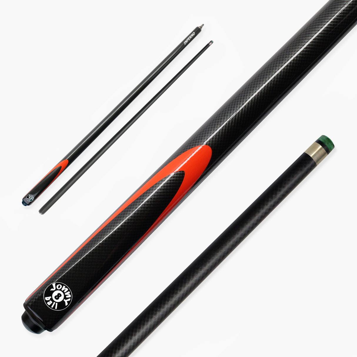 Jonny 8 Ball Inferno 2 Piece Graphite Fiberglass Snooker and Pool Cue 9.5mm Green Layered Tip