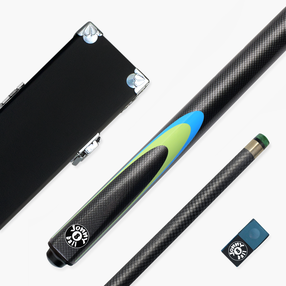 Jonny 8 Ball Inferno 2 Piece Graphite Fiberglass Cue and Case Set 9.5mm Green Layered Tip