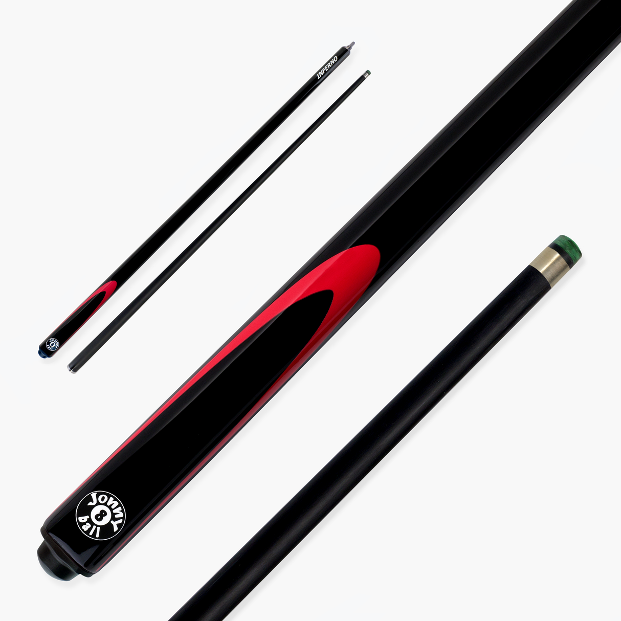 Jonny 8 Ball Inferno 2 Piece Graphite Fiberglass Snooker and Pool Cue 9.5mm Green Layered Tip