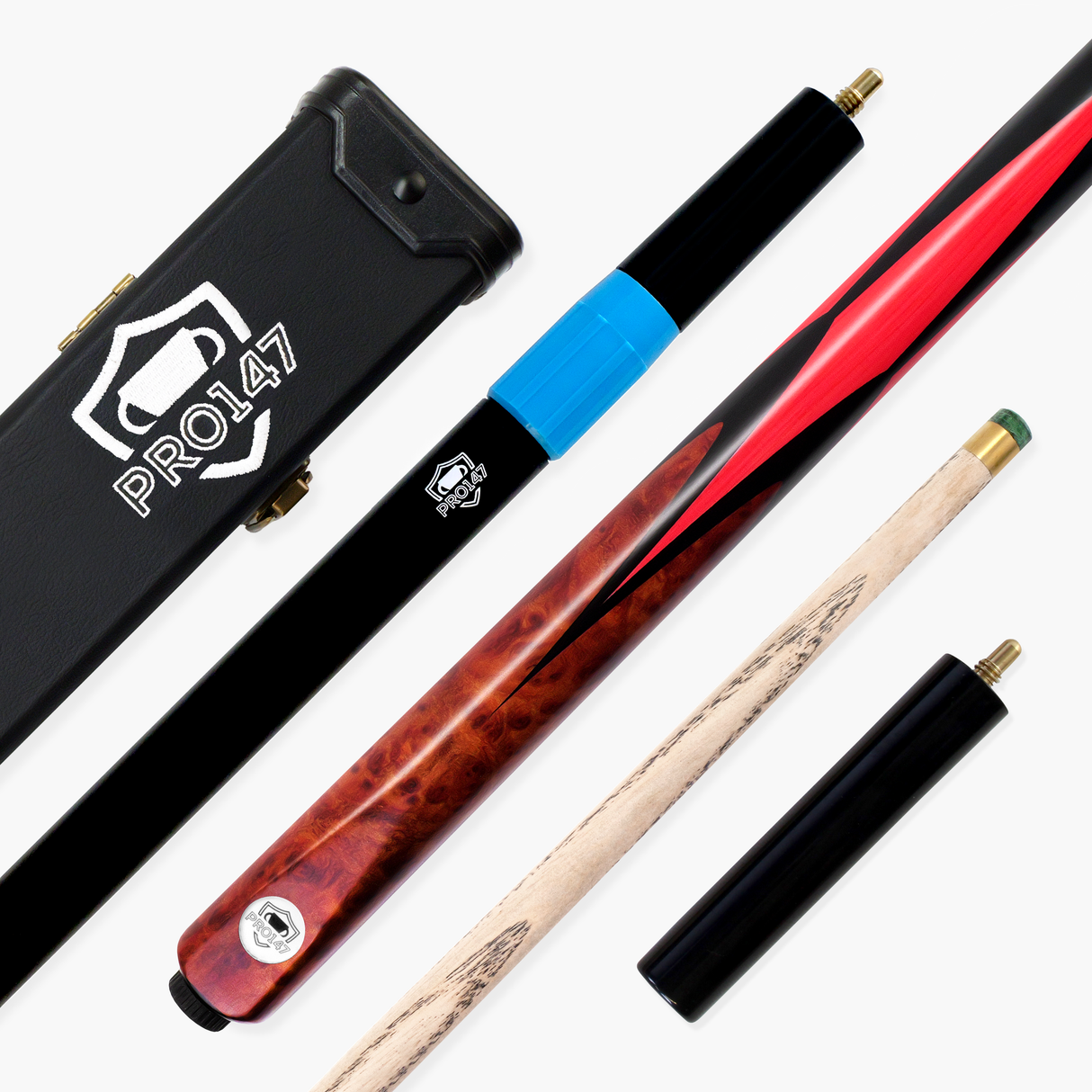 PRO147 Red Eclipse 3/4 Joint Snooker and Pool Deluxe Cue, Case and Extensions Set with 9.5mm Green Layered Tip