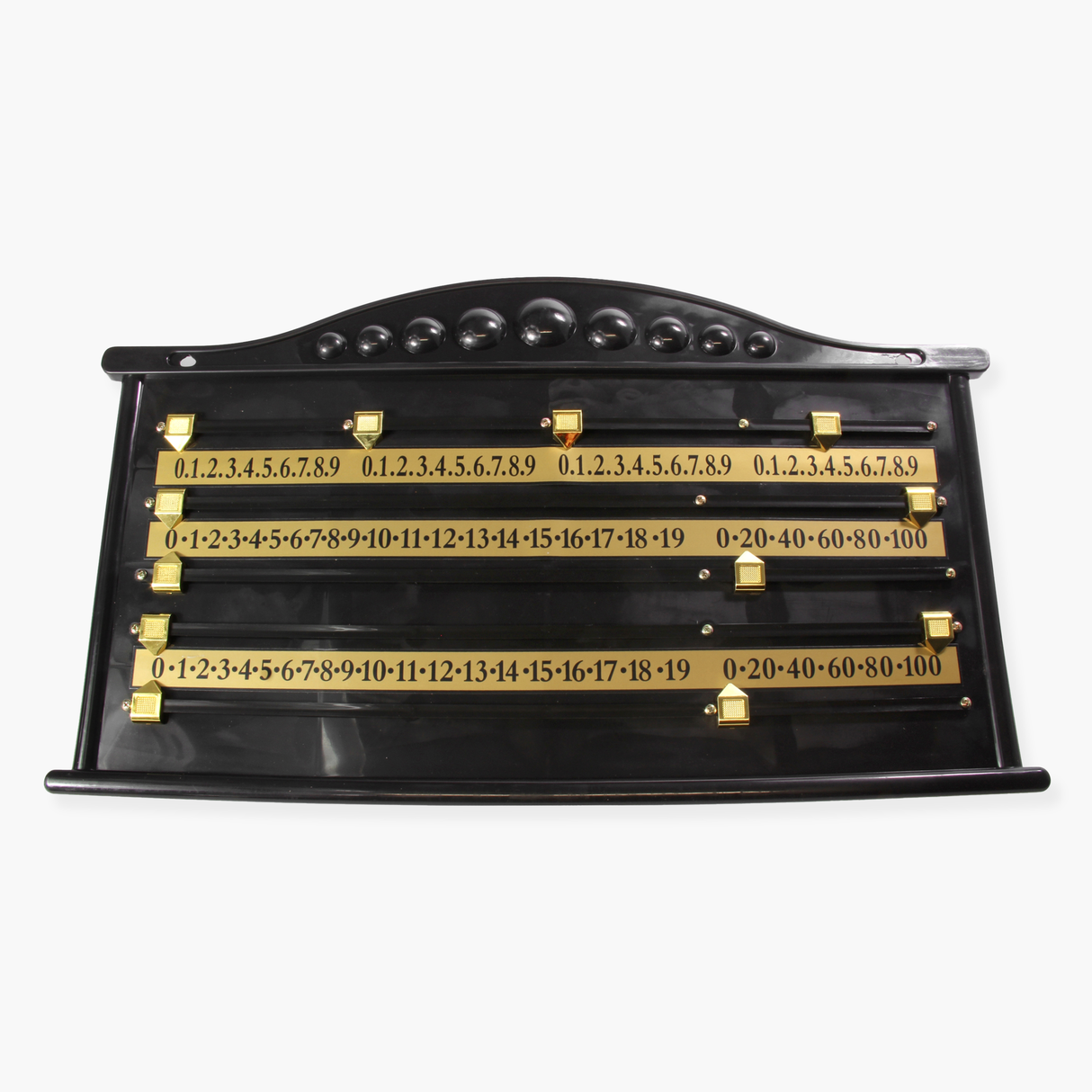 Black Plastic Economy 4 Player Snooker Scoreboard with Brass Coloured Plastic Markers Cue & Case
