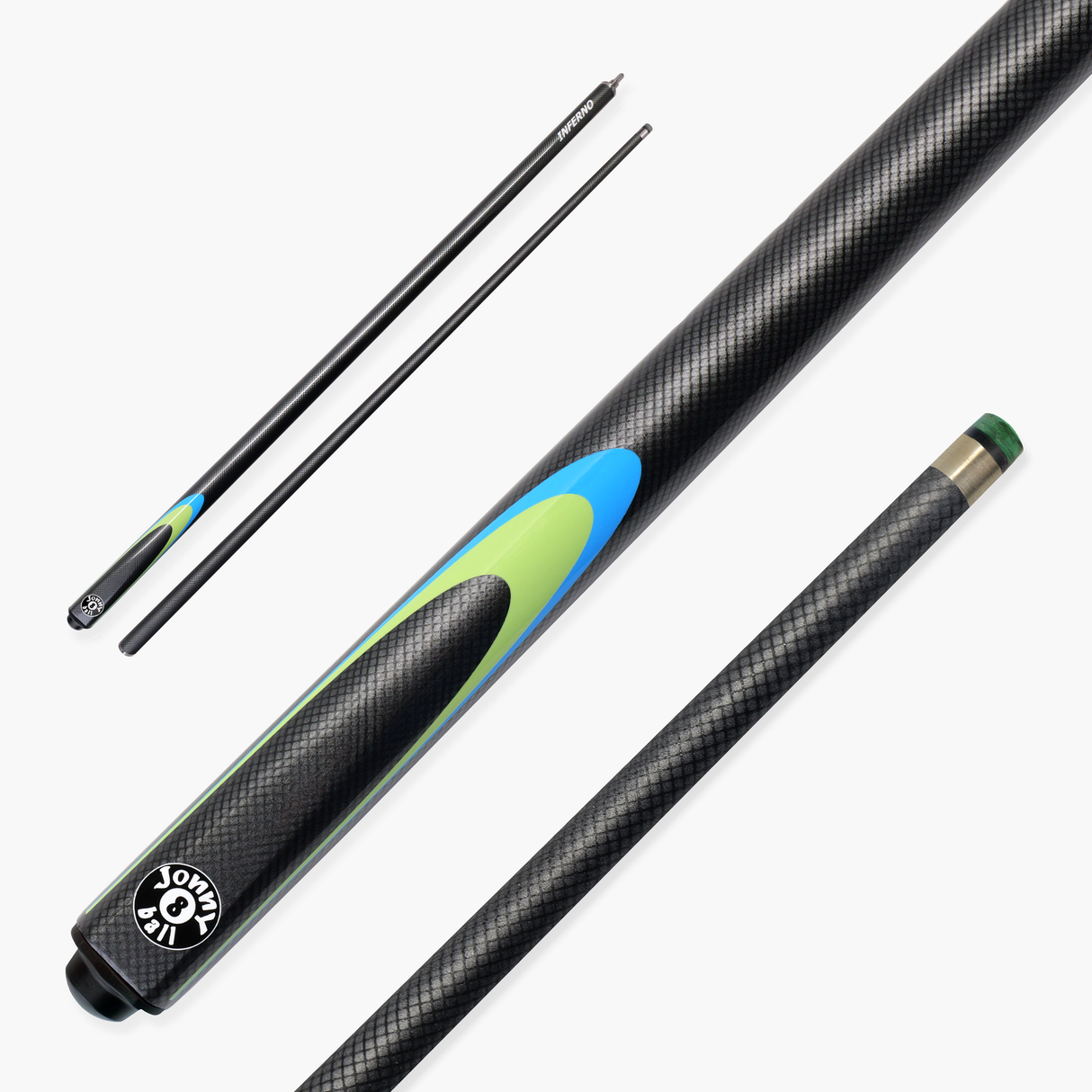 Jonny 8 Ball Inferno 2 Piece Graphite Fiberglass Snooker and Pool Cue 9.5mm Green Layered Tip