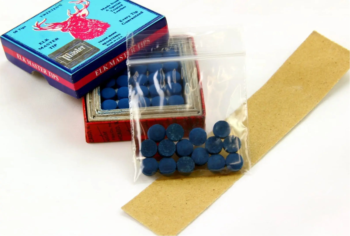 15 X 8mm Tweeten ELK MASTER Leather Snooker Pool Cue Tips - FREE Sandpaper Tweeten