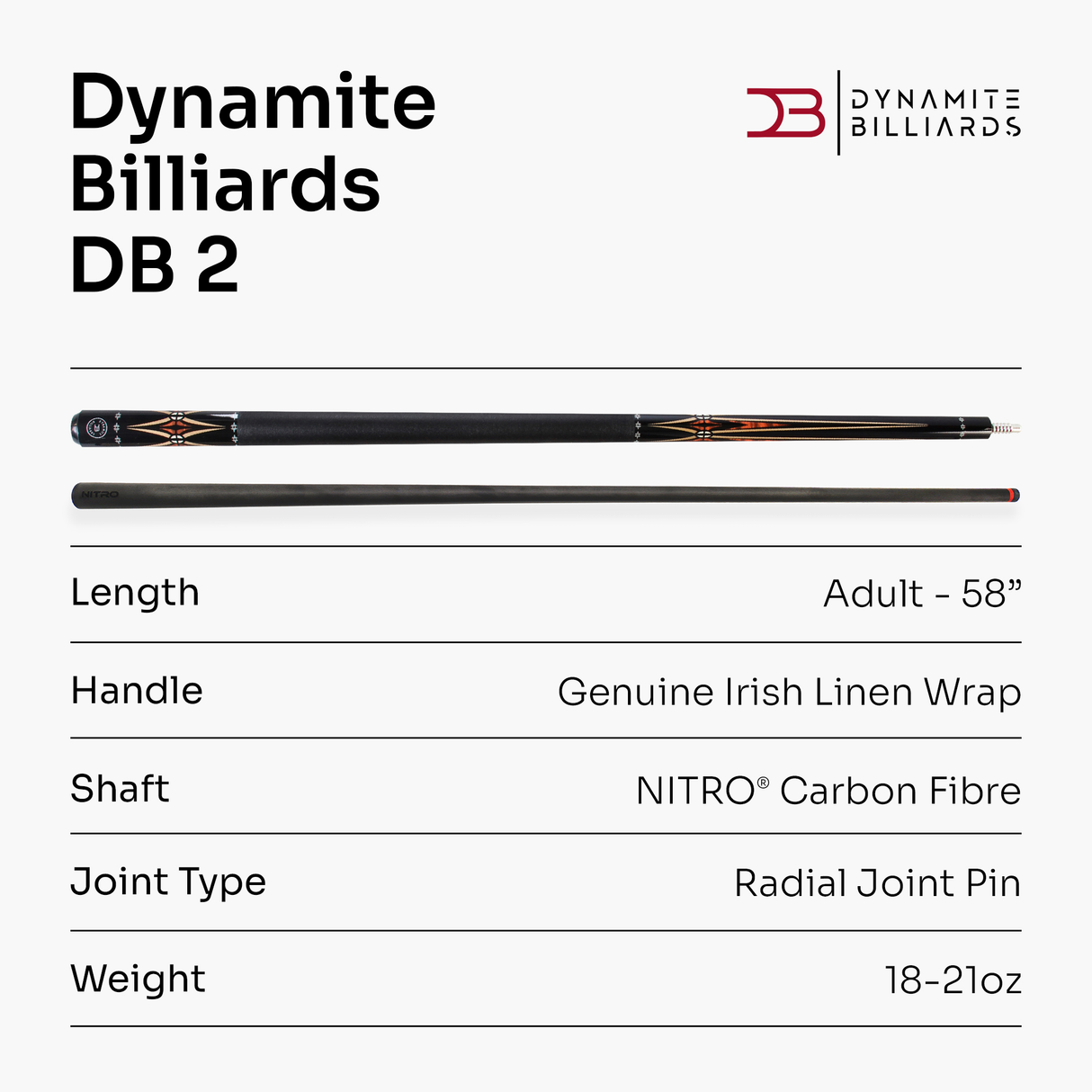 Dynamite Billiards DB2 Nitro Carbon Fiber American Pool Cue – 11.9mm HOW Black Tip – Designed by Darren Appleton