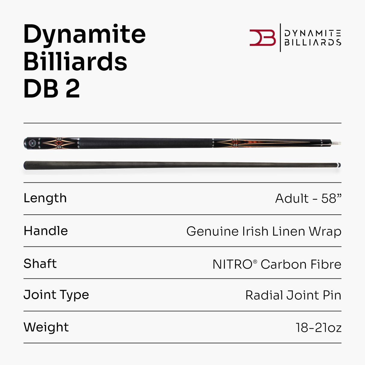 Dynamite Billiards DB2 Nitro Carbon Fiber American Pool Cue – 12.5mm HOW Black Tip – Designed by Darren Appleton