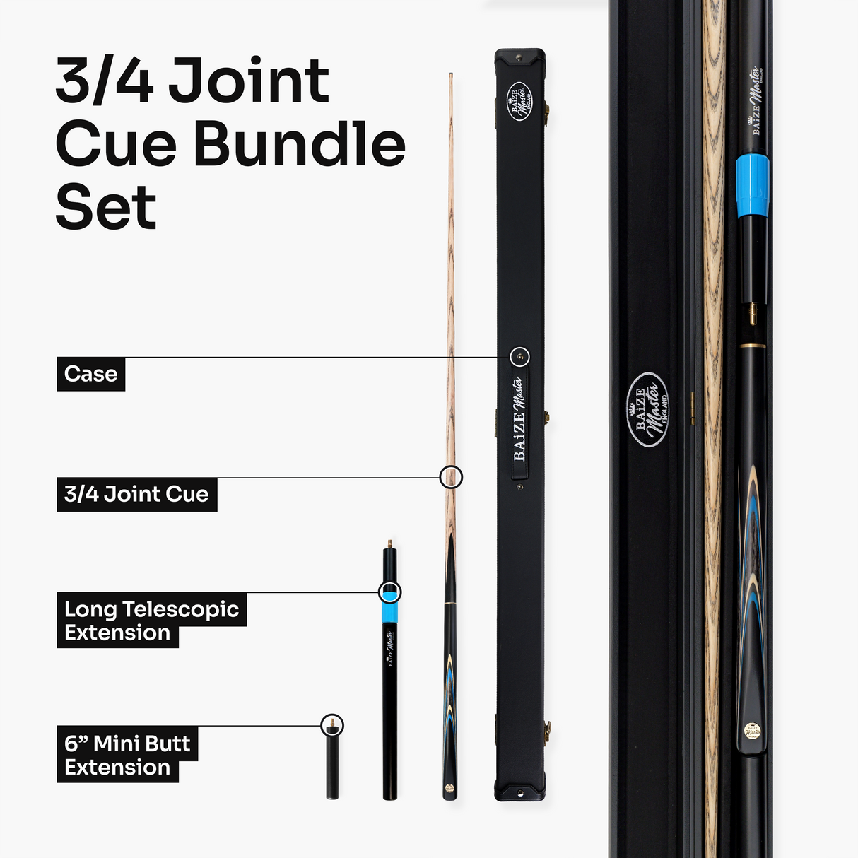 Baize Master Marine Centurion 3/4 Joint Snooker and Pool Cue and Case Set with 9.5mm Pro Impact Hybrid Tip Baize Master