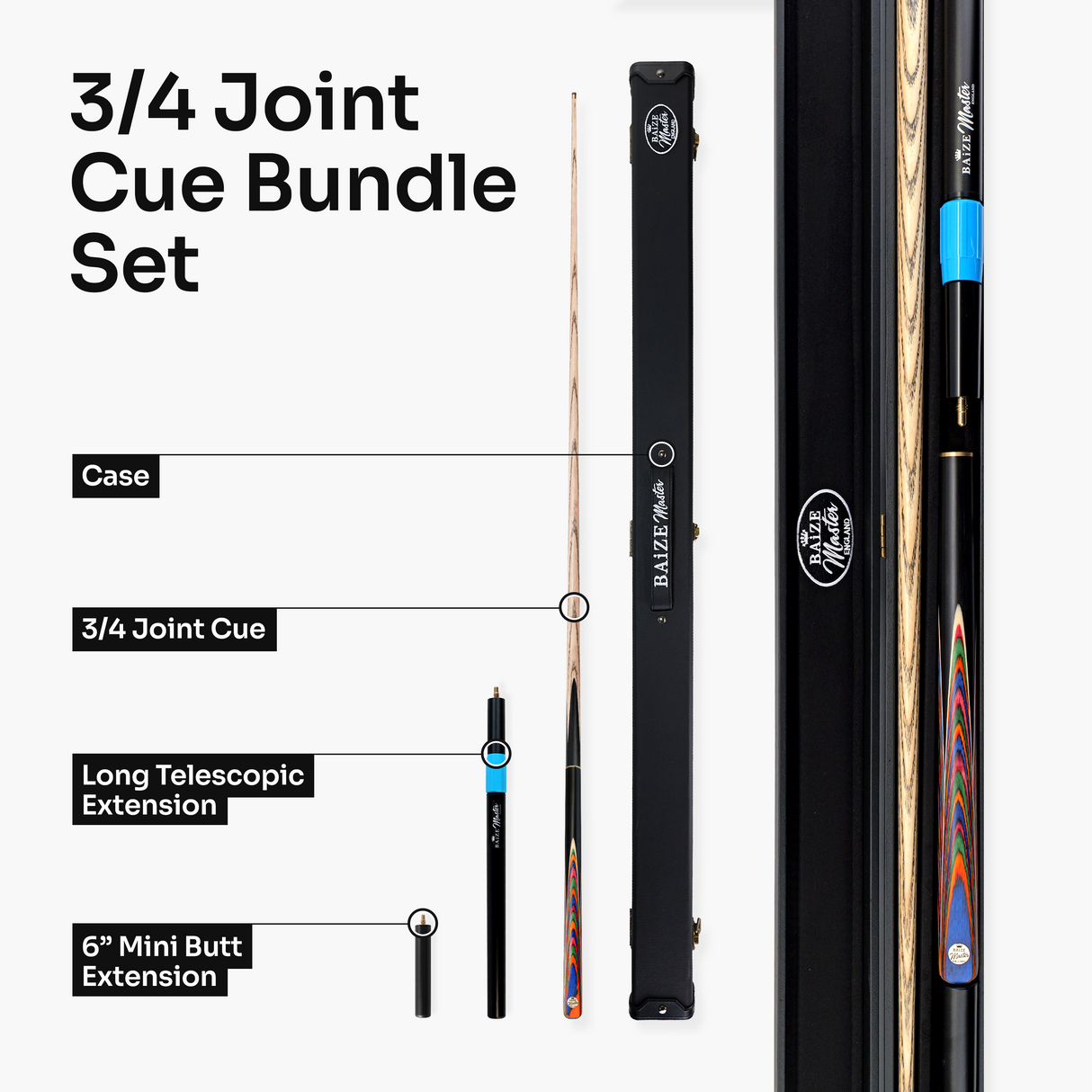 Baize Master Prism Centurion 3/4 Joint Snooker and Pool Cue and Case Set with 9.5mm Pro Impact Hybrid Tip Baize Master