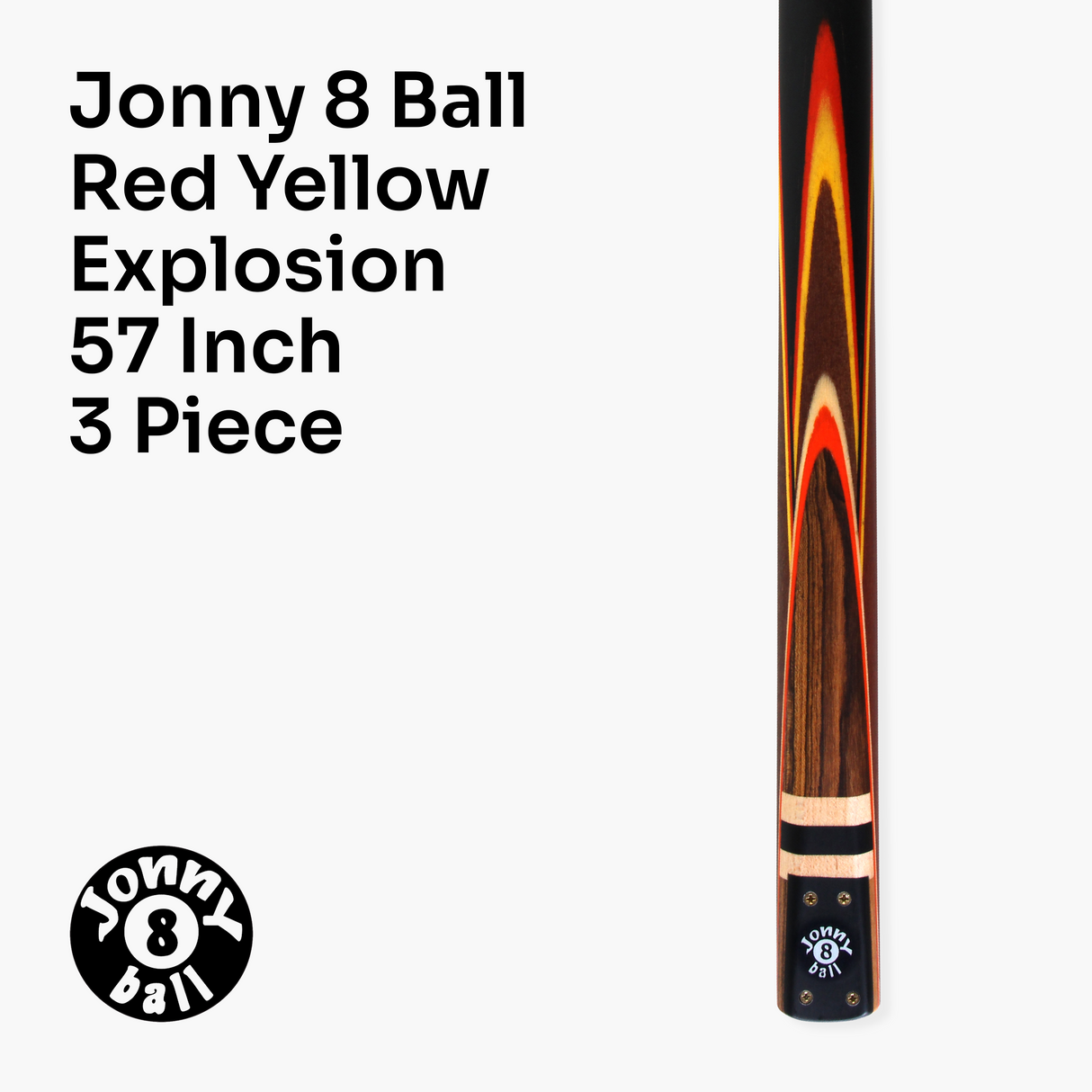 Jonny 8 Ball 57 Inch 3 Piece Length Adjustable Cue 9mm Tip - Shorten to 44 Inch + Black Reinforced Hard Case
