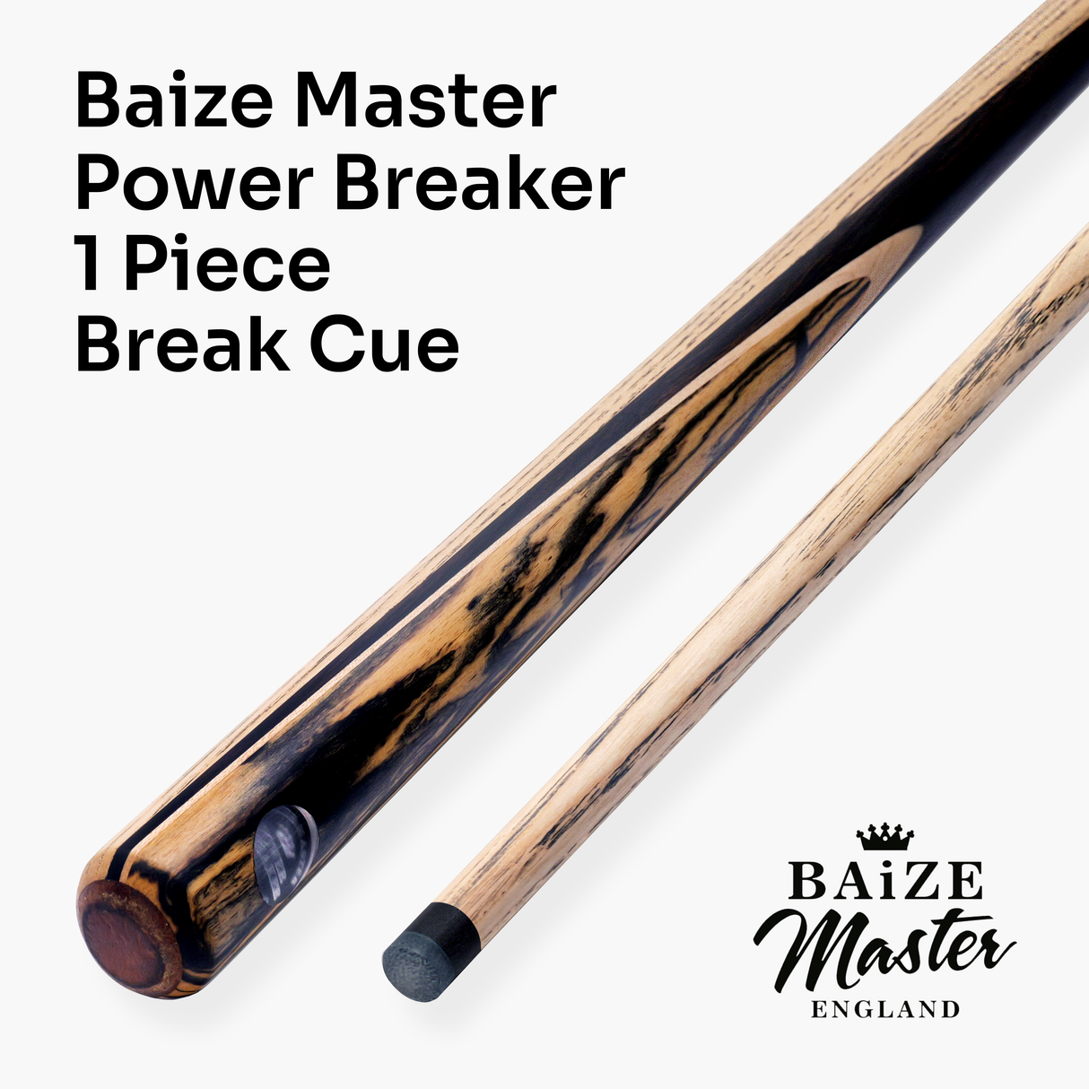Baize Master Power Breaker Zebrano 57 Inch 1 Piece English Pool Break Cue with Ash Shaft and Ebony Splice - 10.2mm Phenolic Tip and Round Butt End – For Breaking Only