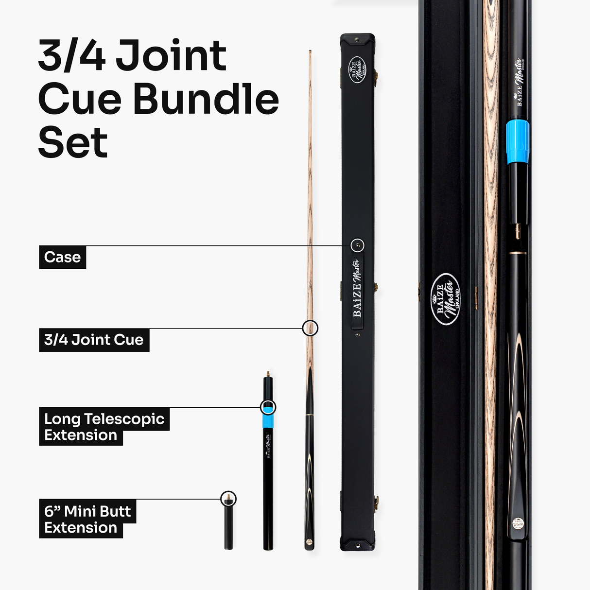 Baize Master Black Centurion 3/4 Joint Snooker and Pool Cue and Case Set with 9.5mm Pro Impact Hybrid Tip Baize Master