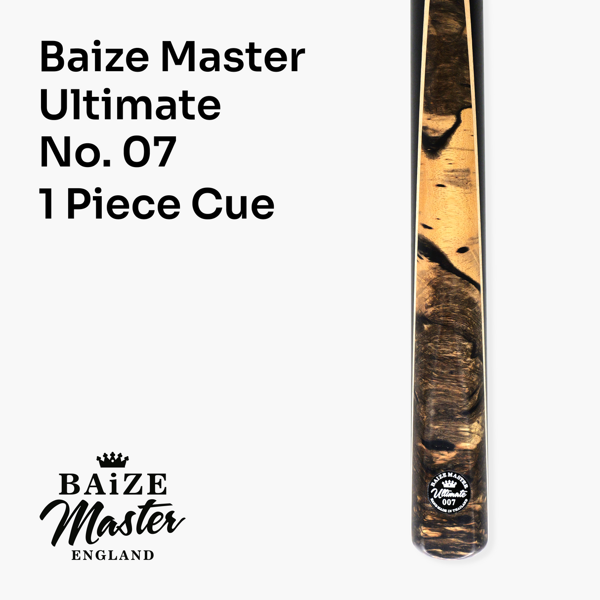 Baize Master Ultimate #007 59 Inch One Piece Hand Spliced Ebony Butt English Pool Cue with Hand-Fitted Asia Cues Pro 8.3mm Tip – Handmade in Thailand by Asia Cues