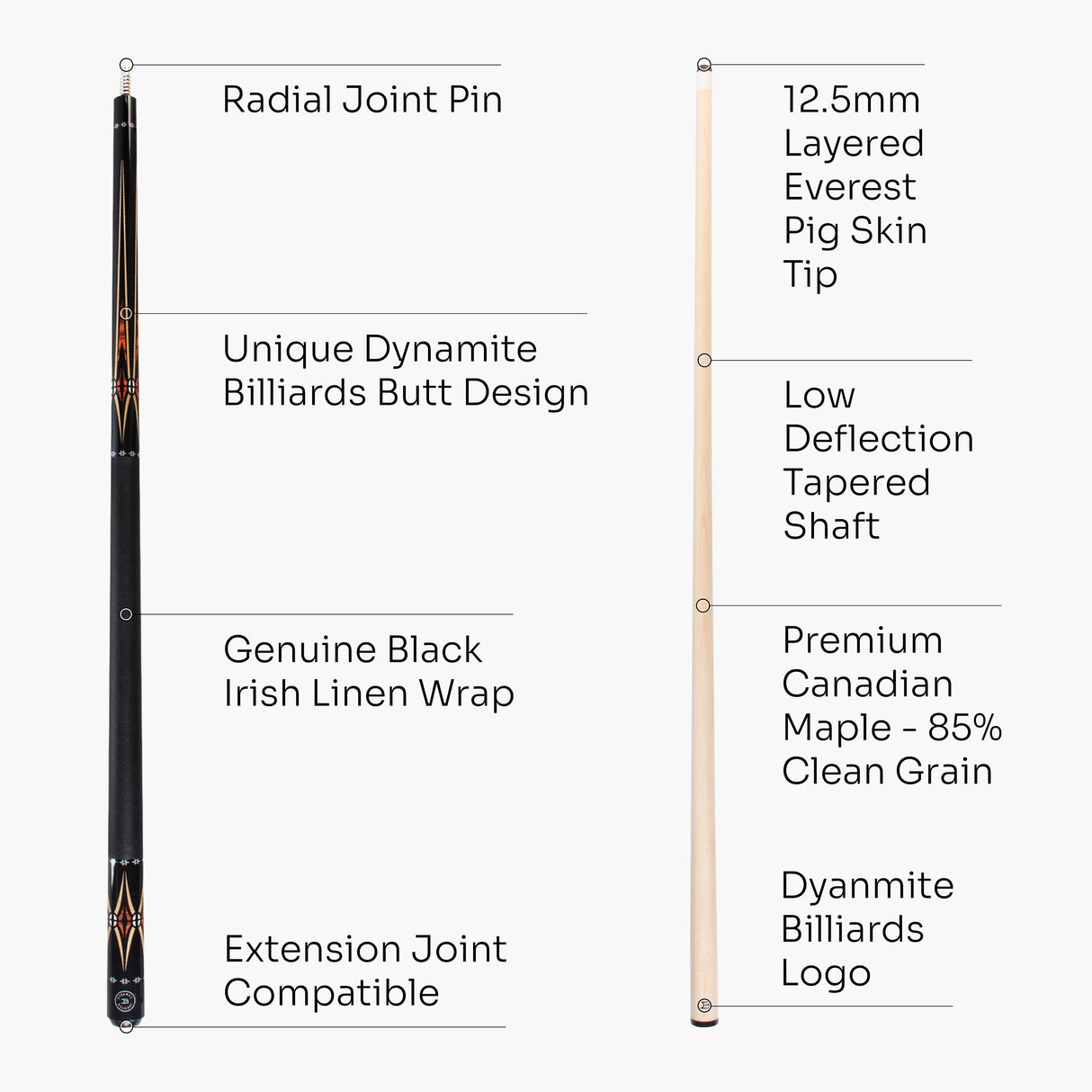 Dynamite Billiards DB2 American Maple Pool Cue – 12.5mm Tip – Designed by Darren Appleton