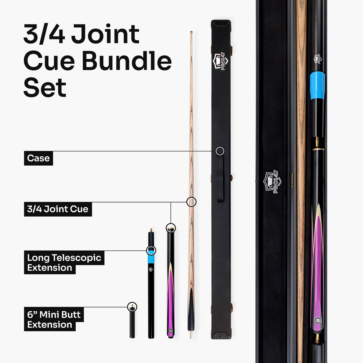 PRO147 Jester 3/4 Joint Snooker and Pool Cue and Case Set with 9.3mm Pro Tip PRO147