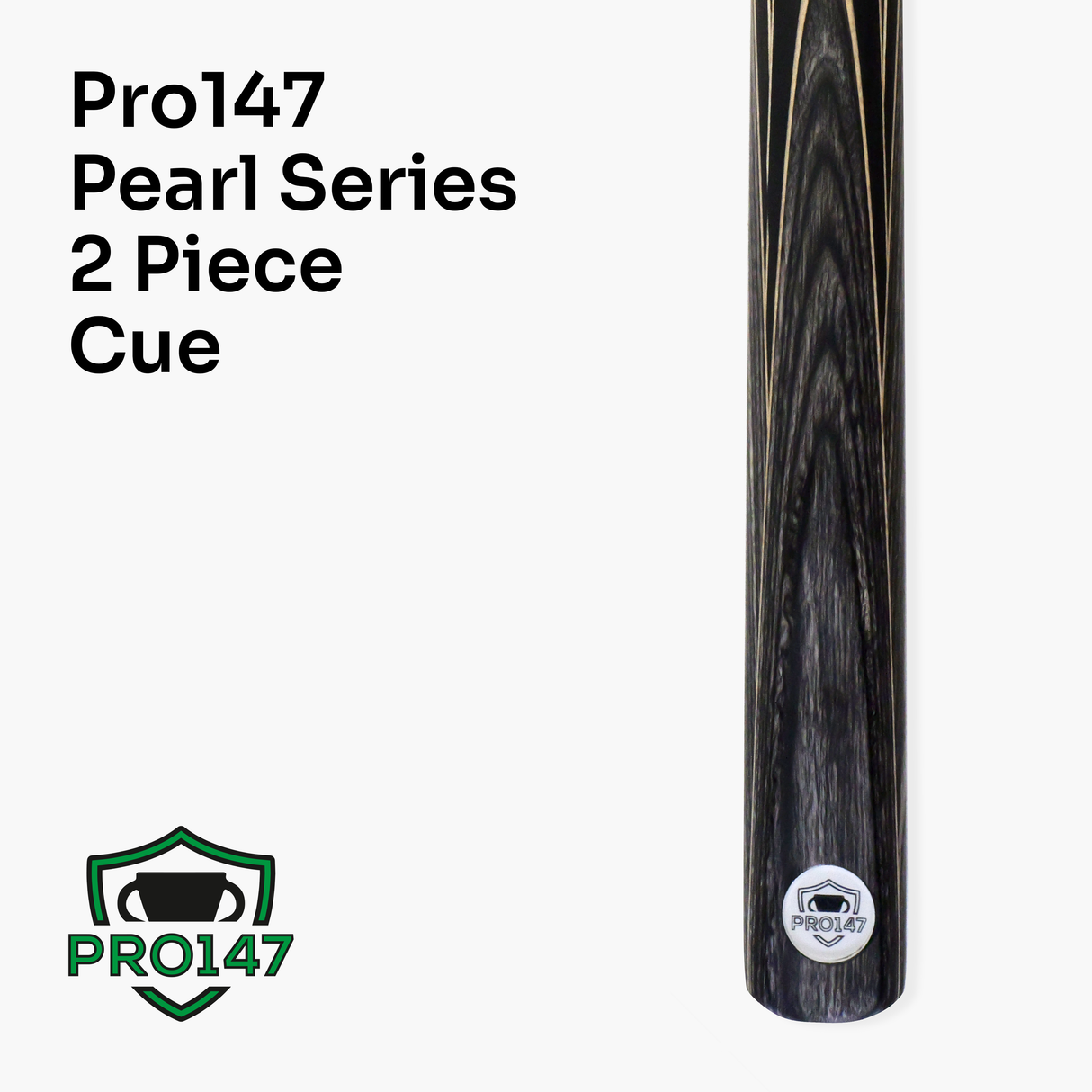 PRO147 Pearl Series Grey Hand Spliced 2 Piece 57 Inch Snooker Pool Cue with Smooth Premium Ash Shaft and Ebony Style Butt with 9.5mm Pro Leather Tip