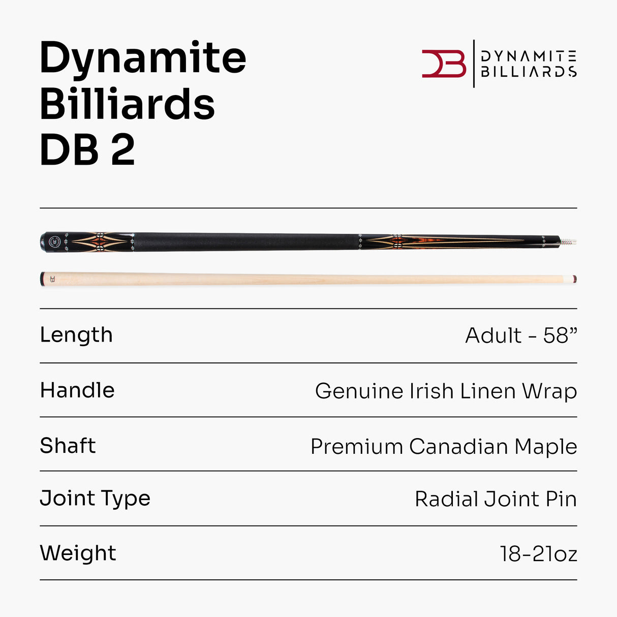 Dynamite Billiards DB2 American Maple Pool Cue – 12.5mm Tip – Designed by Darren Appleton
