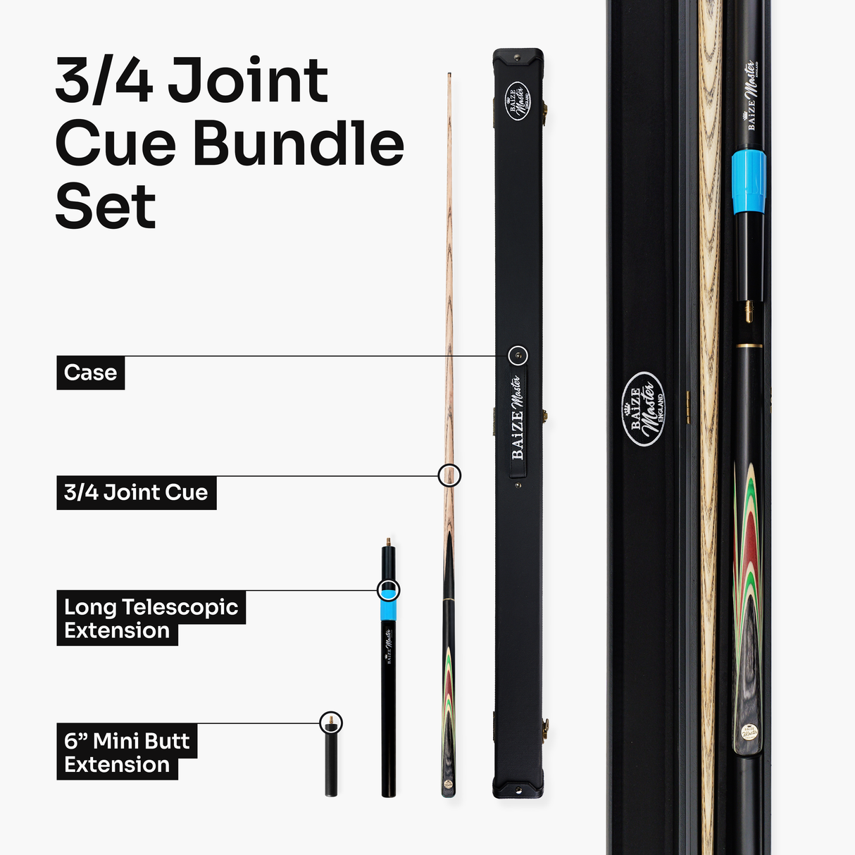 Baize Master Mint Centurion 3/4 Joint Snooker and Pool Cue and Case Set with 9.5mm Pro Impact Hybrid Tip Baize Master