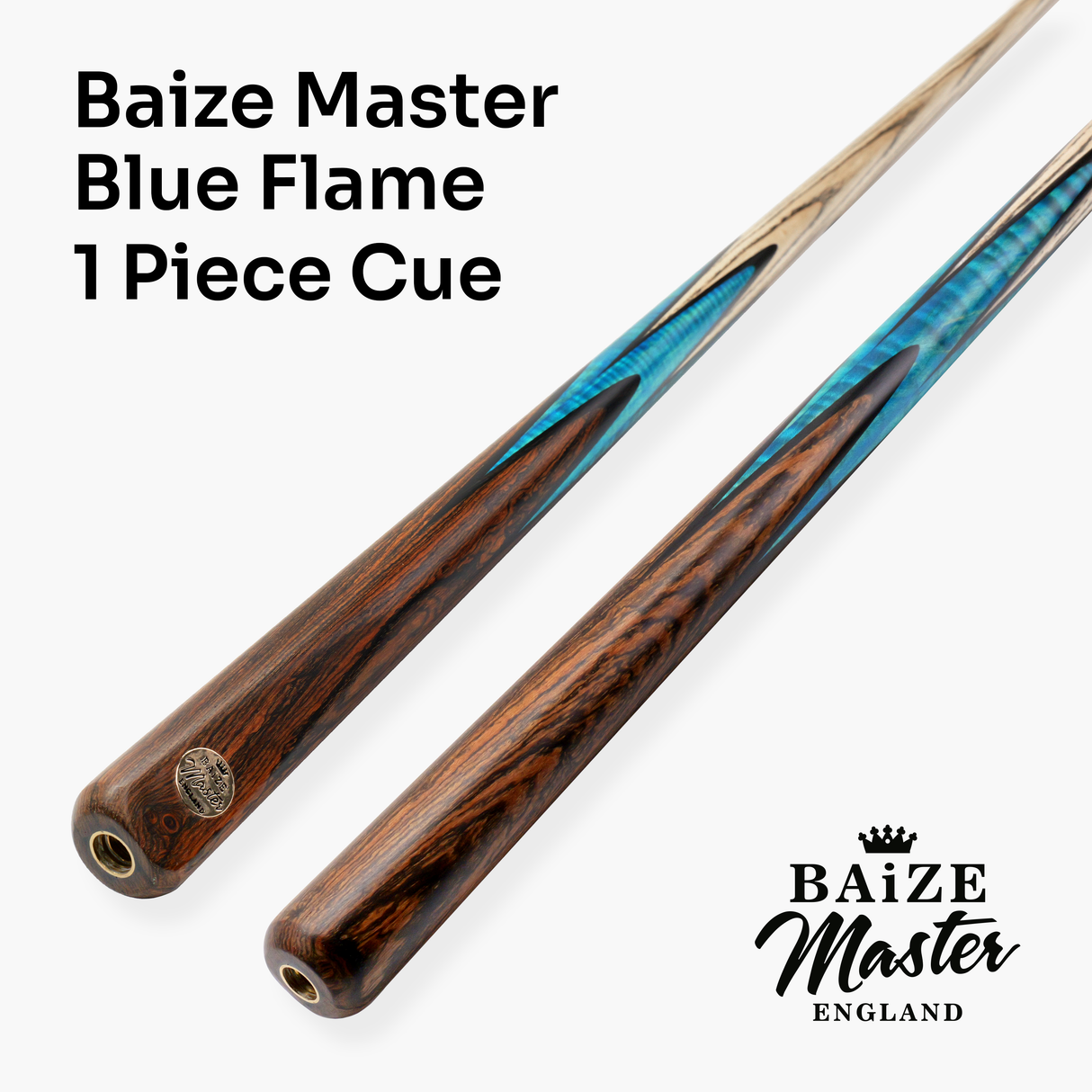 Baize Master Platinum Series BLUE FLAME 57 inch 1 Piece Luxury English Pool Cue 8.5mm Tip with Hand Fitted PRO SPIN Medium Tip - Hand Finished in the UK by Cue Care Jim using Lynch’s Cue Balm
