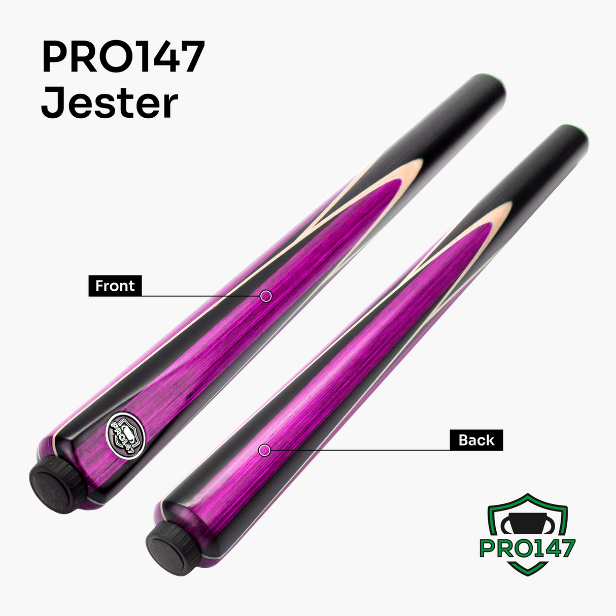 PRO147 Jester 57 Inch 3/4 Joint Hand Spliced Snooker and Pool Cue with 9.3mm Pro Tip PRO147