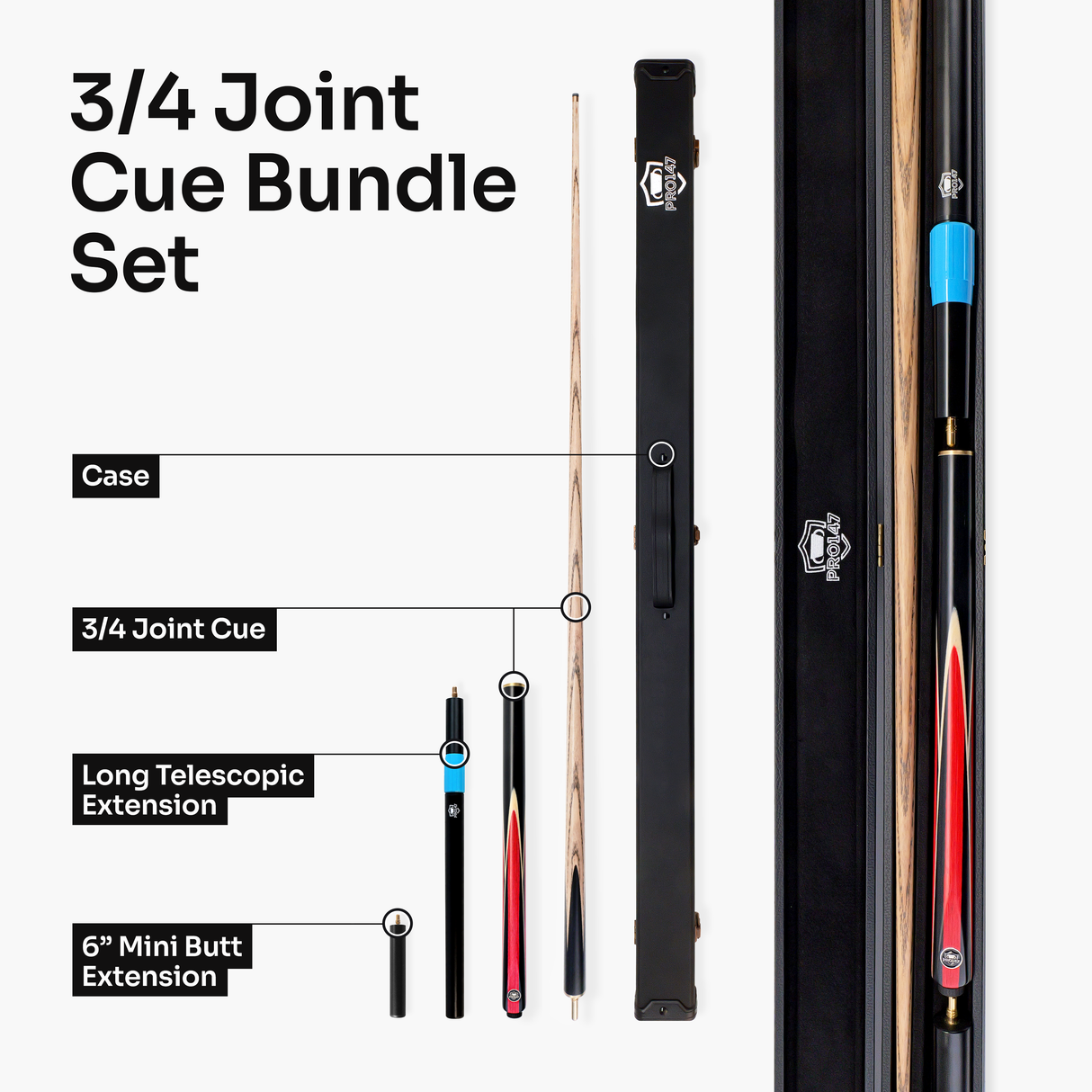 PRO147 Jester 3/4 Joint Snooker and Pool Cue and Case Set with 9.3mm Pro Tip PRO147
