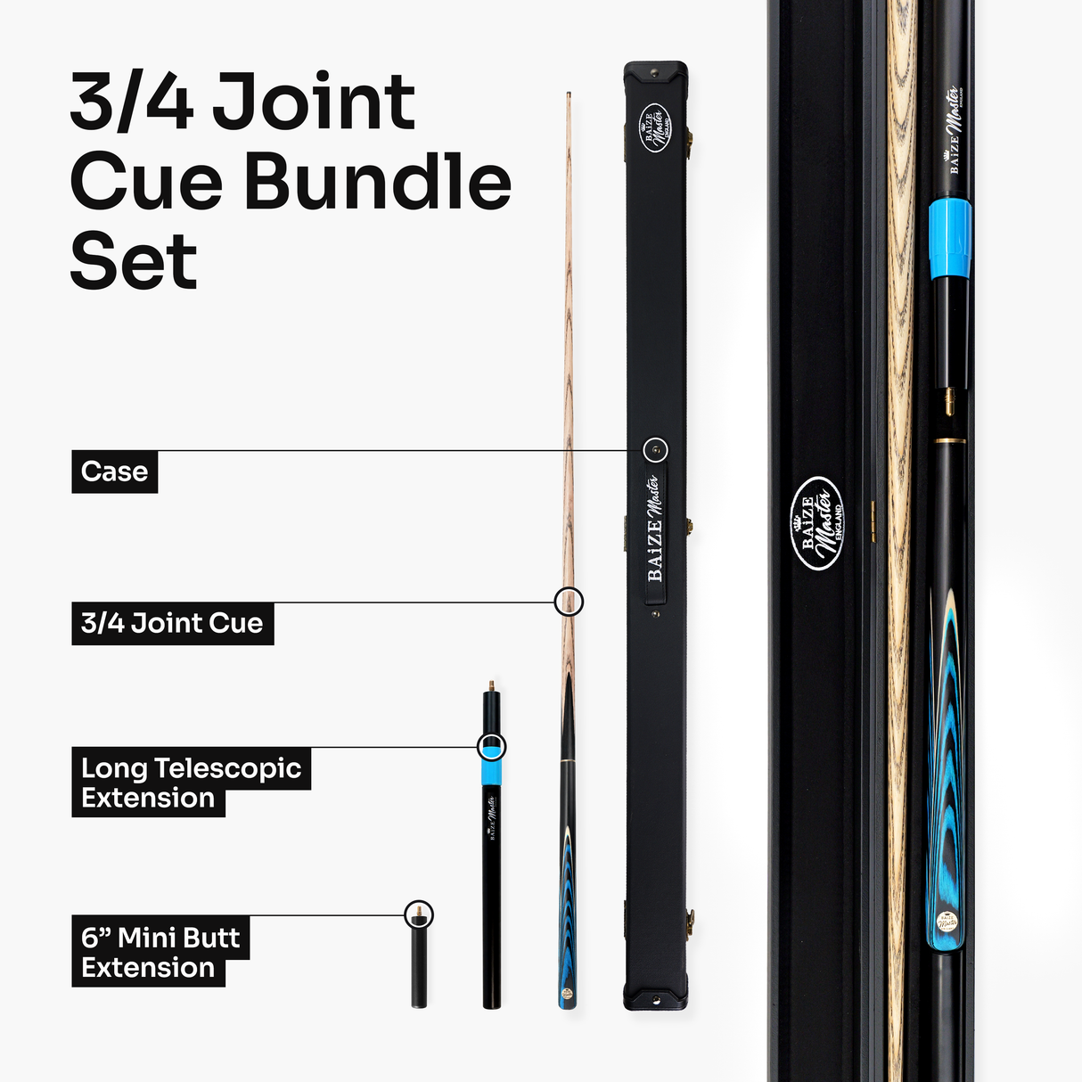 Baize Master Azure Centurion 3/4 Joint Snooker and Pool Cue and Case Set with 9.5mm Pro Impact Hybrid Tip Baize Master