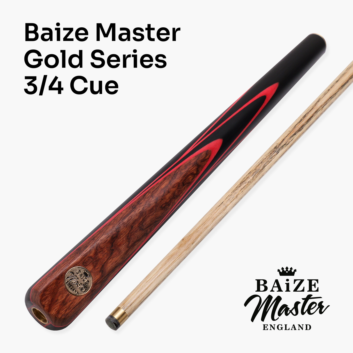 Baize Master Gold Series Red Ascot 3/4 Joint Hand Spliced English Pool Cue with 8.5mm Tip
