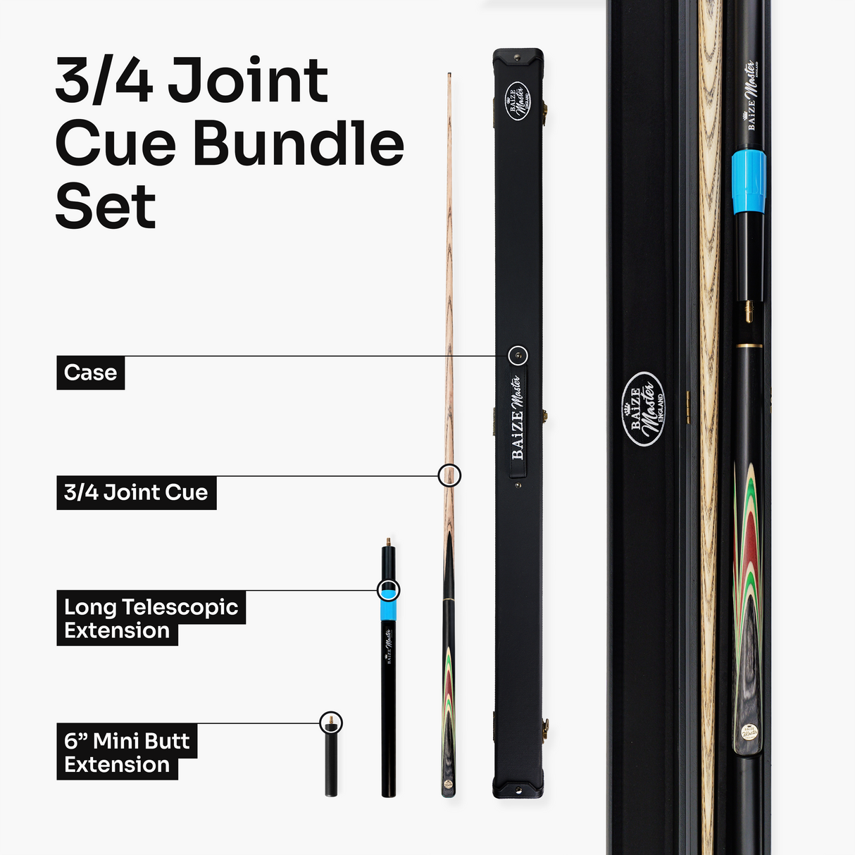 Baize Master Mint Centurion 3/4 Joint Snooker and Pool Cue and Case Set with 9.5mm Pro Impact Hybrid Tip Baize Master