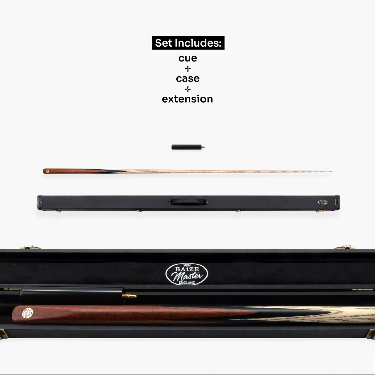 Baize Master Crimson Marksman 1 Piece Cue and Case Set with Baize Master Black Plastic Ends Case + Mini Butt