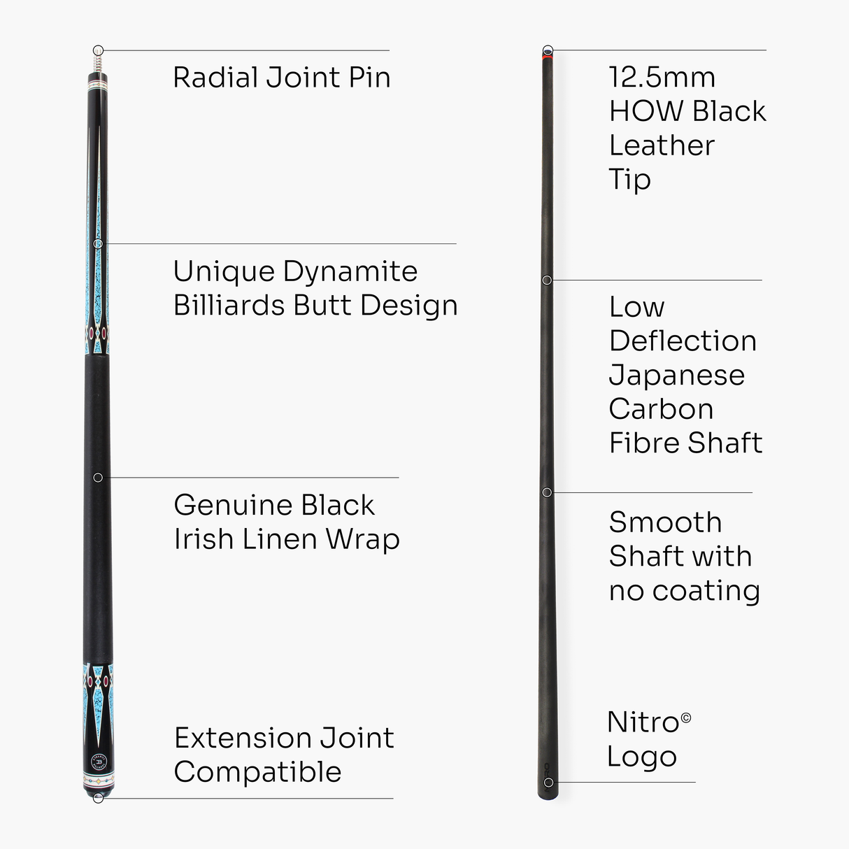 Dynamite Billiards DB3 Nitro Carbon Fiber American Pool Cue – 12.5mm HOW Black Tip – Designed by Darren Appleton