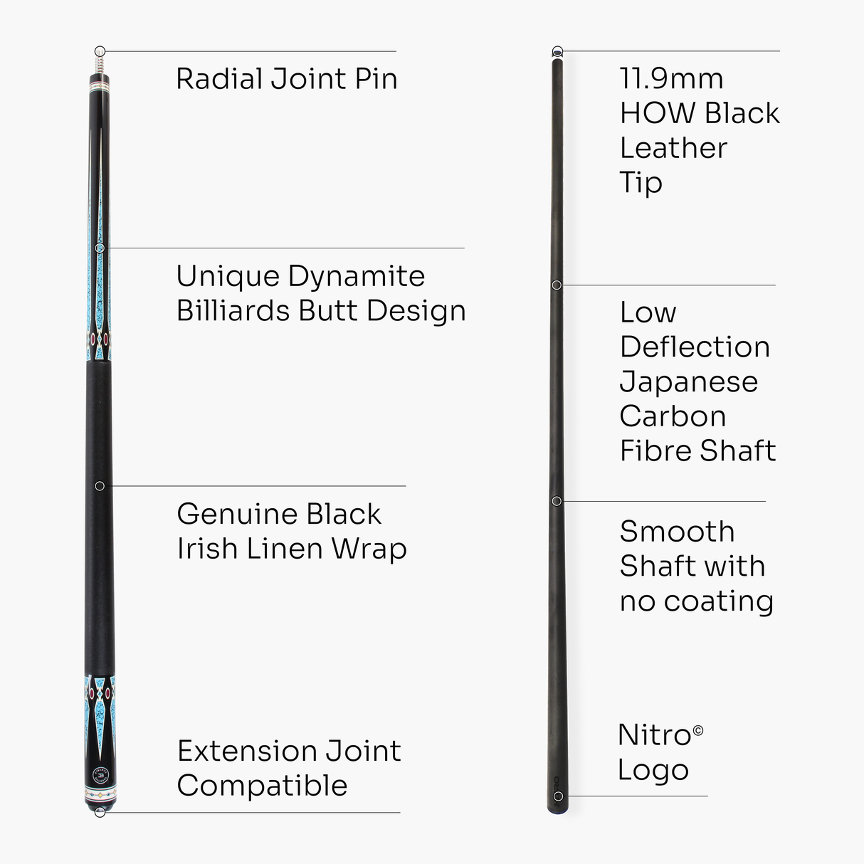 Dynamite Billiards DB3 Nitro Carbon Fiber American Pool Cue – 11.9mm HOW Black Tip – Designed by Darren Appleton