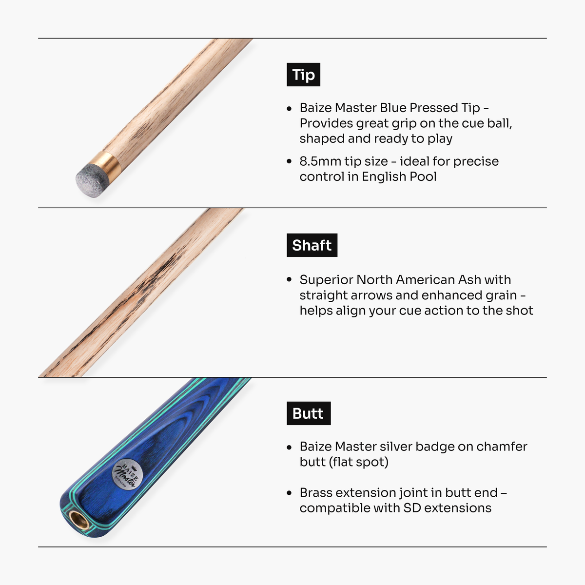 Baize Master Admiral ¾ Joint English Pool Cue with 8.5mm Blue Pressed Tip