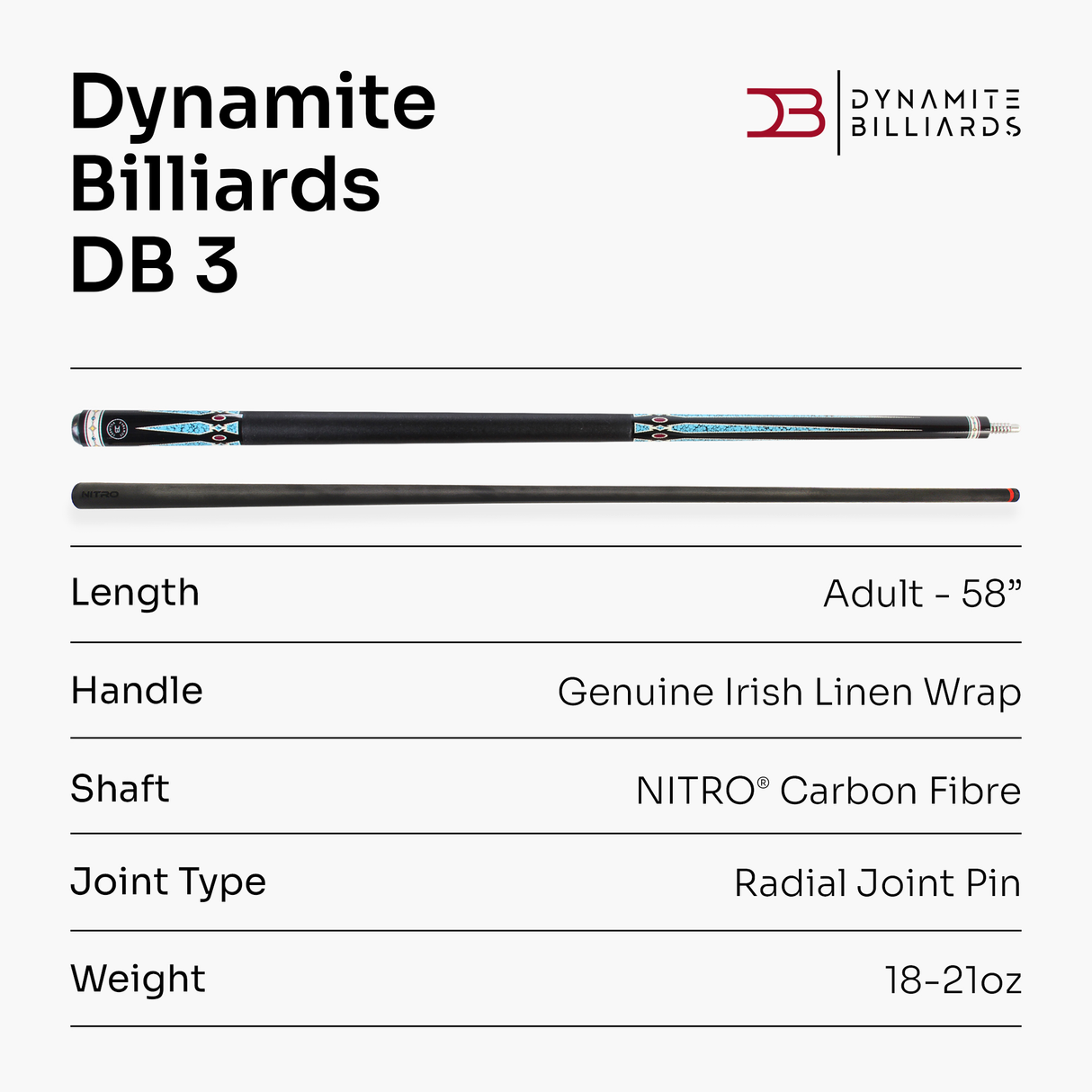 Dynamite Billiards DB3 Nitro Carbon Fiber American Pool Cue – 12.5mm HOW Black Tip – Designed by Darren Appleton