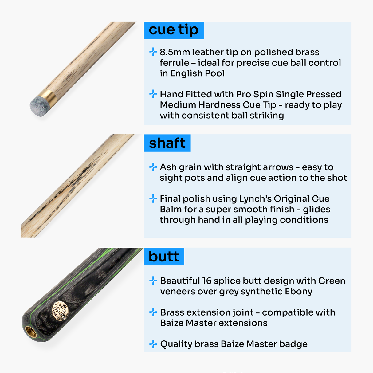 Baize Master G14 Emperor 57 Inch ¾ Professional English Pool Cue 8.5mm with with Hand Fitted PRO SPIN Medium Tip - Hand Finished in the UK by Cue Care Jim using Lynch’s Cue Balm