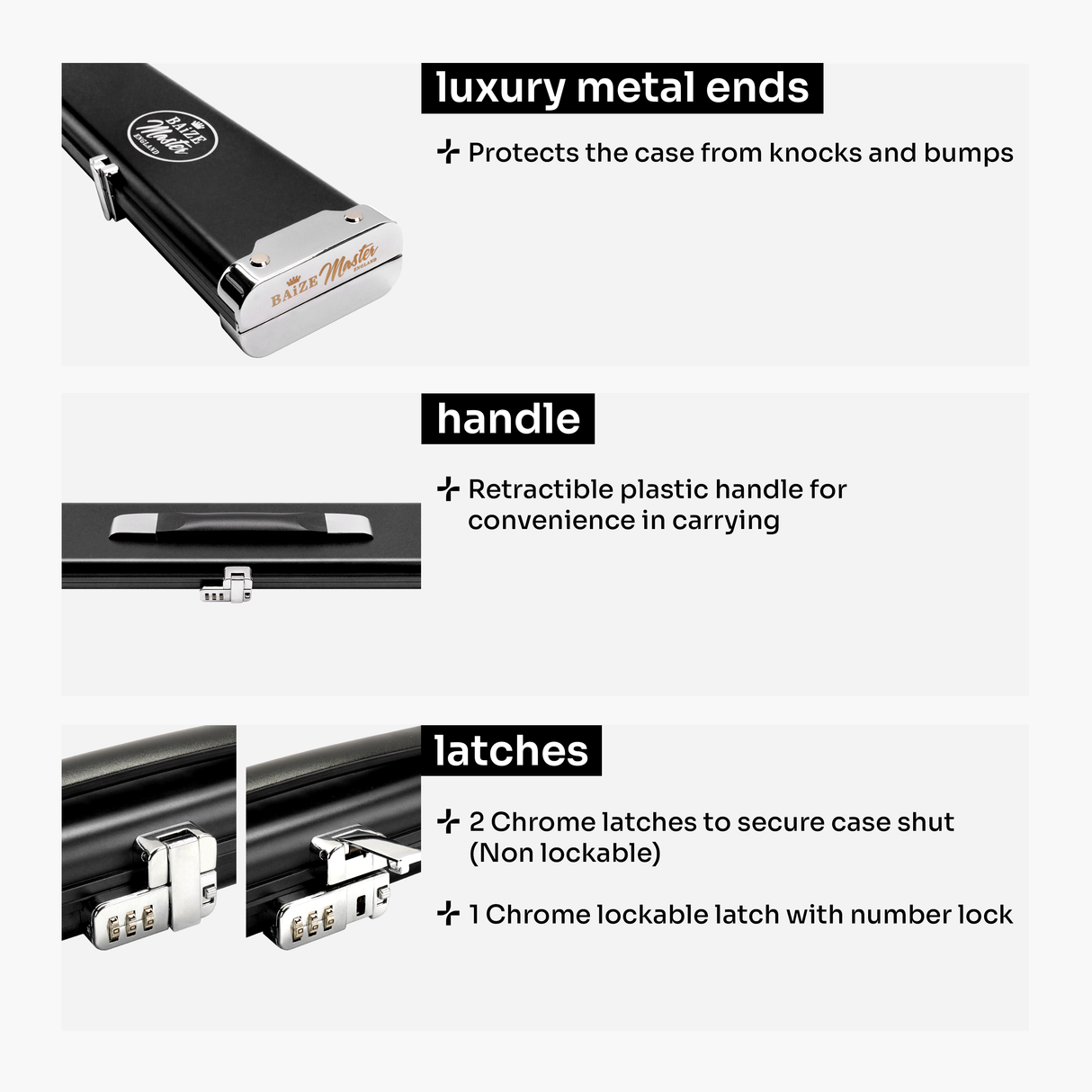 Baize Master Prestige Pro-Lock 1 Piece Luxury Metal Cue Case - Holds 2 x 1 Piece Cues + Extensions and Accessories