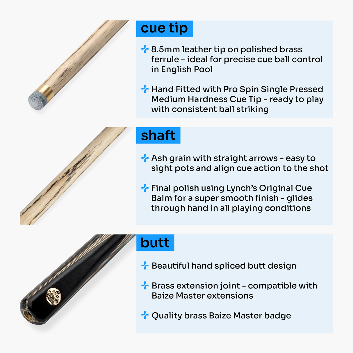 Baize Master Limited Edition Gold Series G67 57 Inch ¾ Professional English Pool Cue 8.5mm with with Hand Fitted PRO SPIN Medium Tip - Hand Finished in the UK by Cue Care Jim using Lynch’s Cue Balm