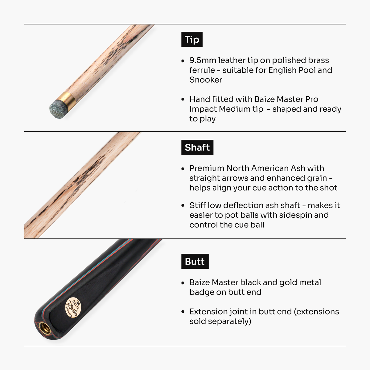Baize Master Coral Centurion 58 Inch 3/4 Joint Hand Spliced Snooker and Pool Cue with 9.5mm Pro Impact Hybrid Tip
