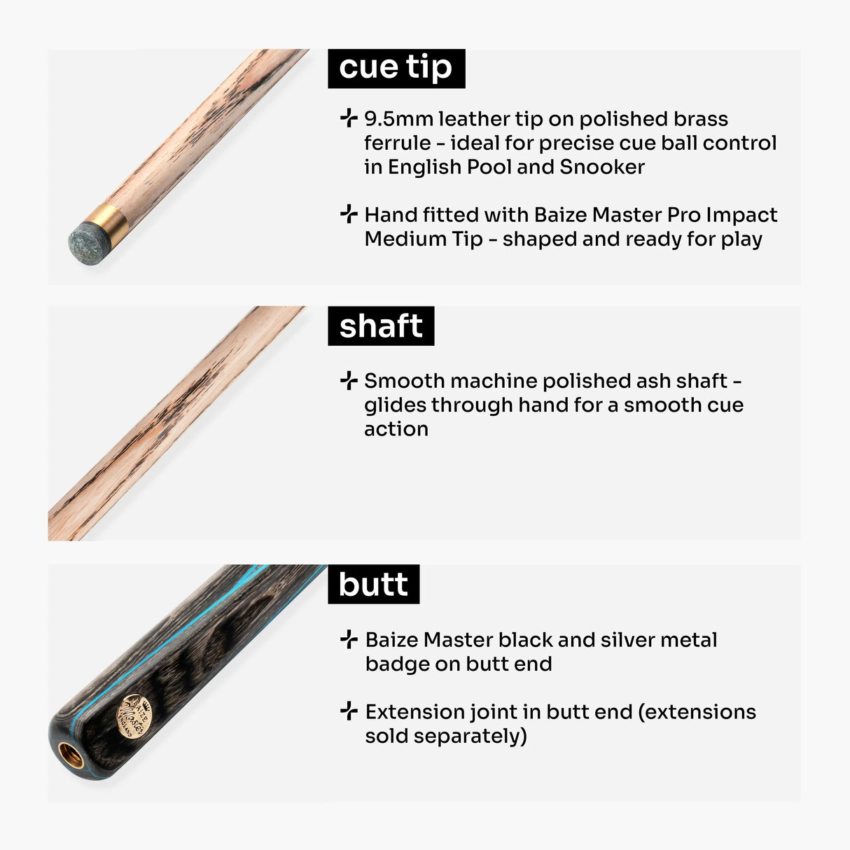 Baize Master EMPEROR 58 Inch ¾ Joint Snooker and Pool Cue with 9.5mm Baize Master Pro Impact Hybrid Tip Baize Master